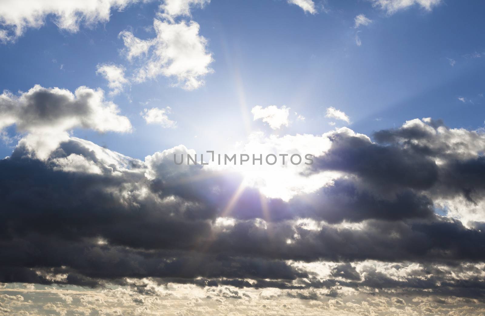 Cloudscape with the sun rays radiating from behind the clouds