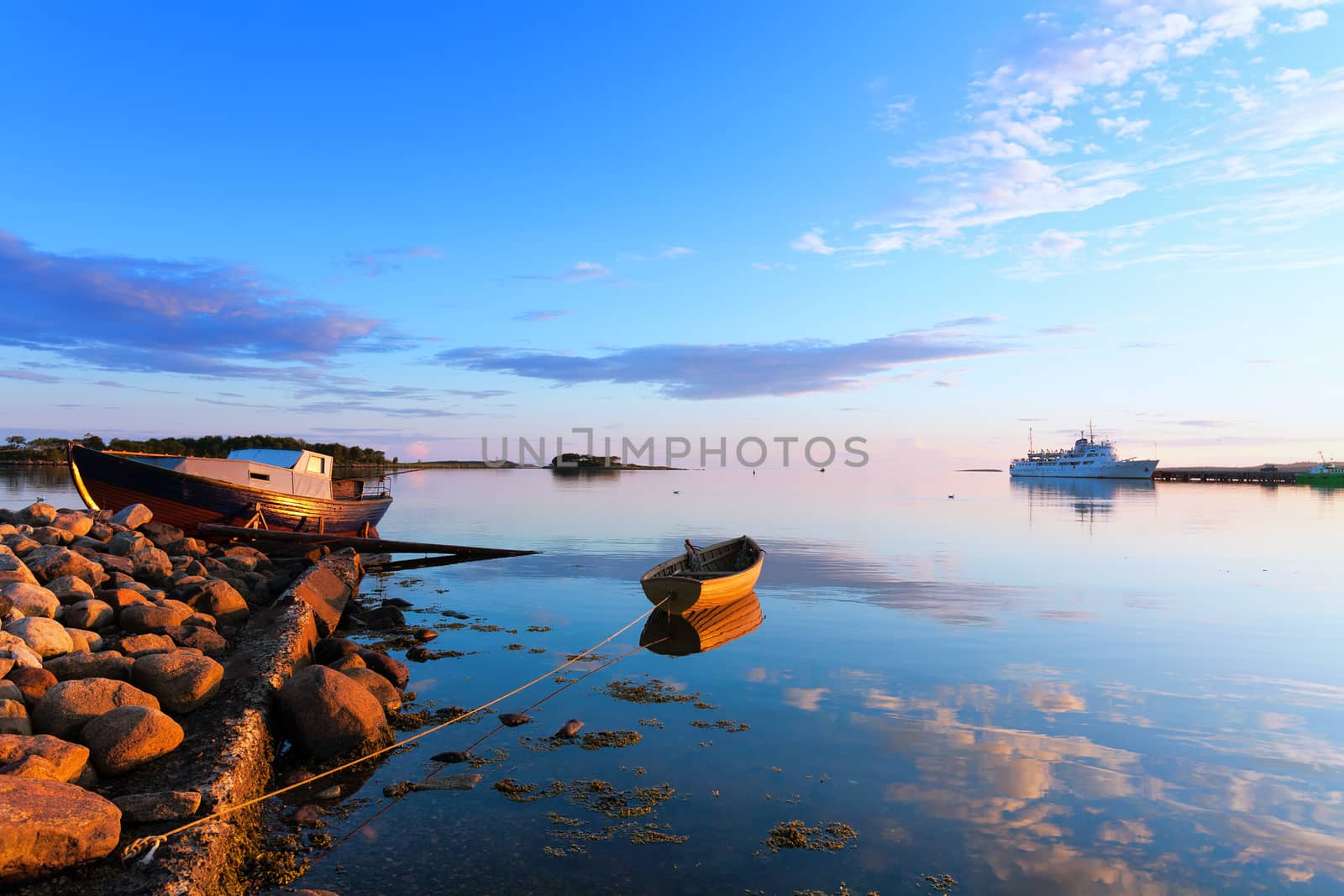 Boats and passenger ship off the coast of the Big Solovetsky Isl by vladimir_sklyarov