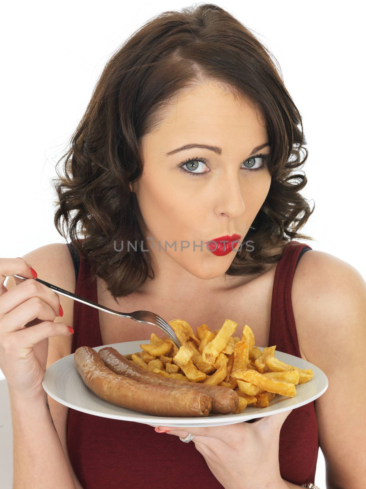 Young Attractive Woman Eating Jumbo Sausage and Chips