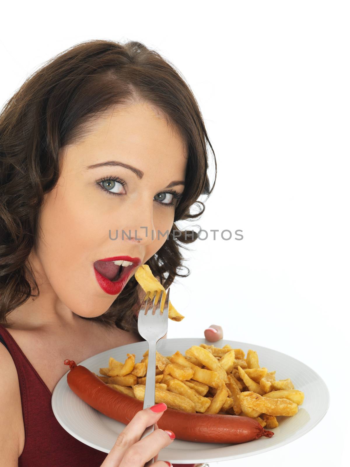 Young Attractive Woman Eating Saveloy Sausage with Chips