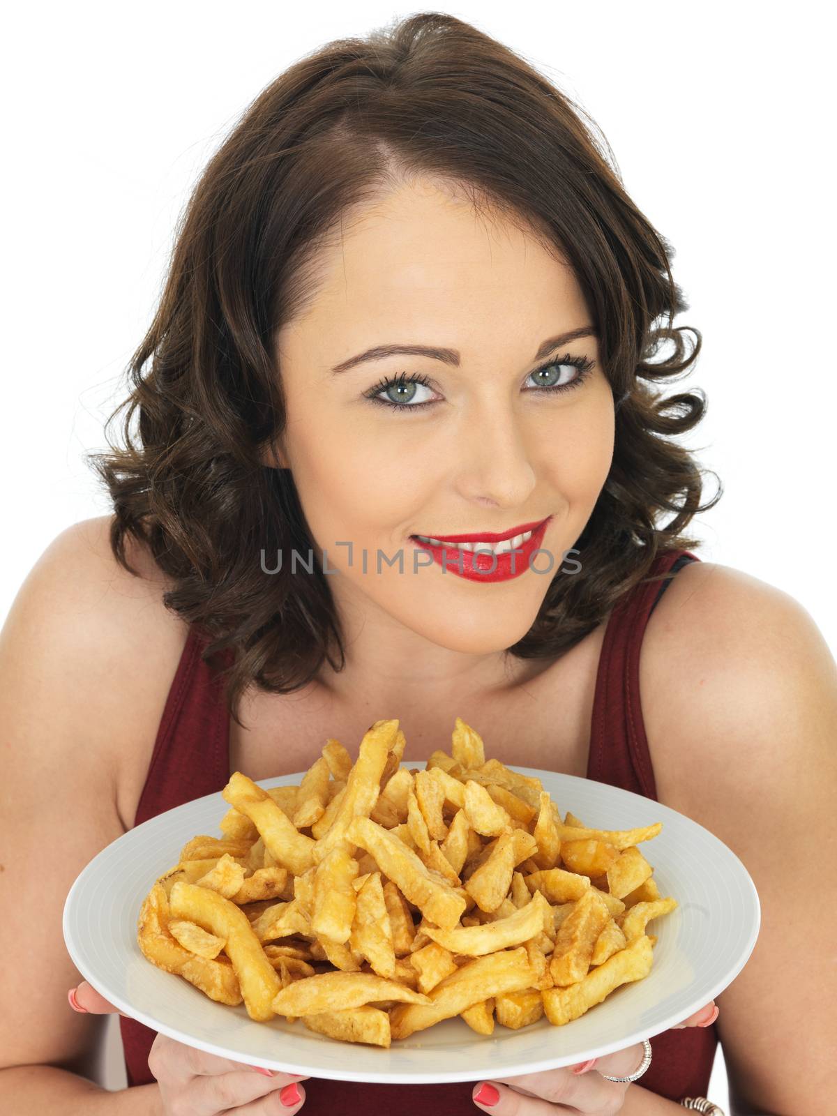 Young Attractive Woman Eating a Large Plate of Fried Chips