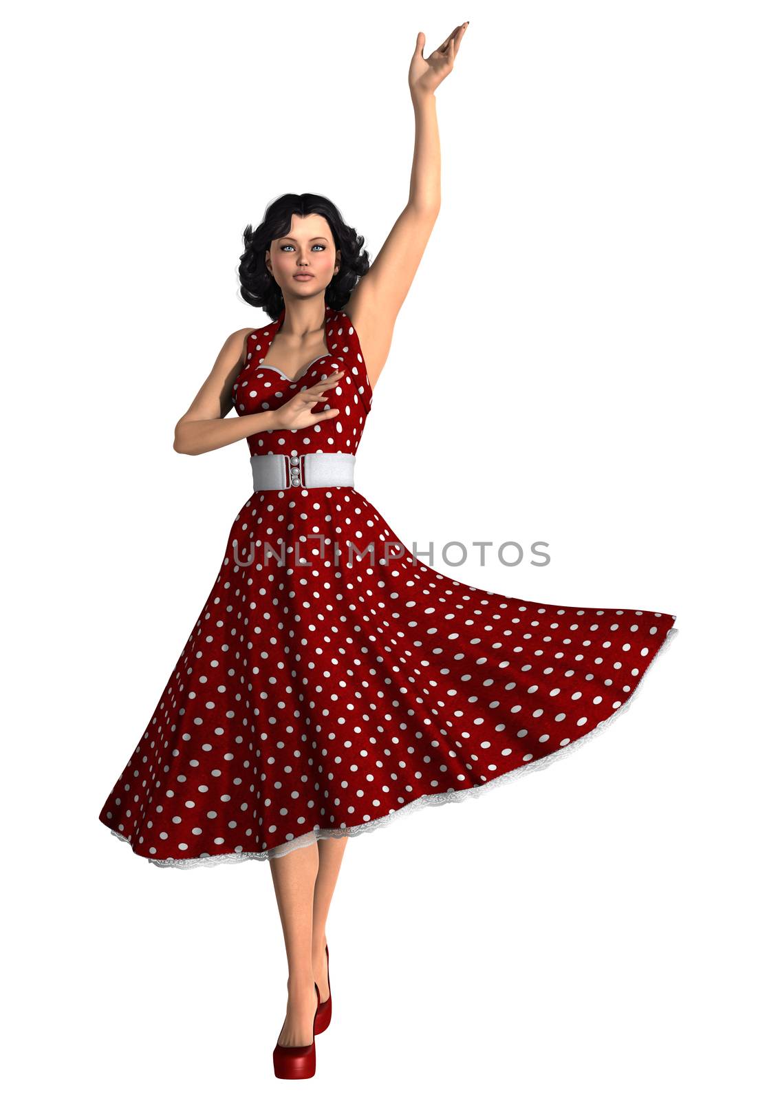 3D digital render of a beautiful vintage woman wearing a red polka dots dress isolated on white background
