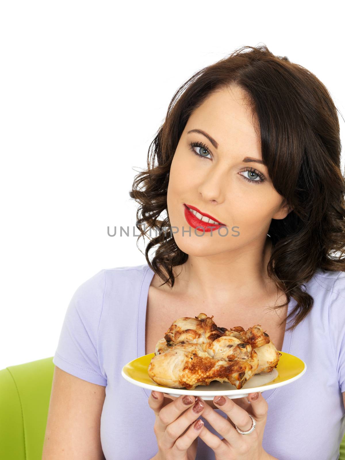 Young Healthy Woman Eating Cold Cooked Chicken Legs