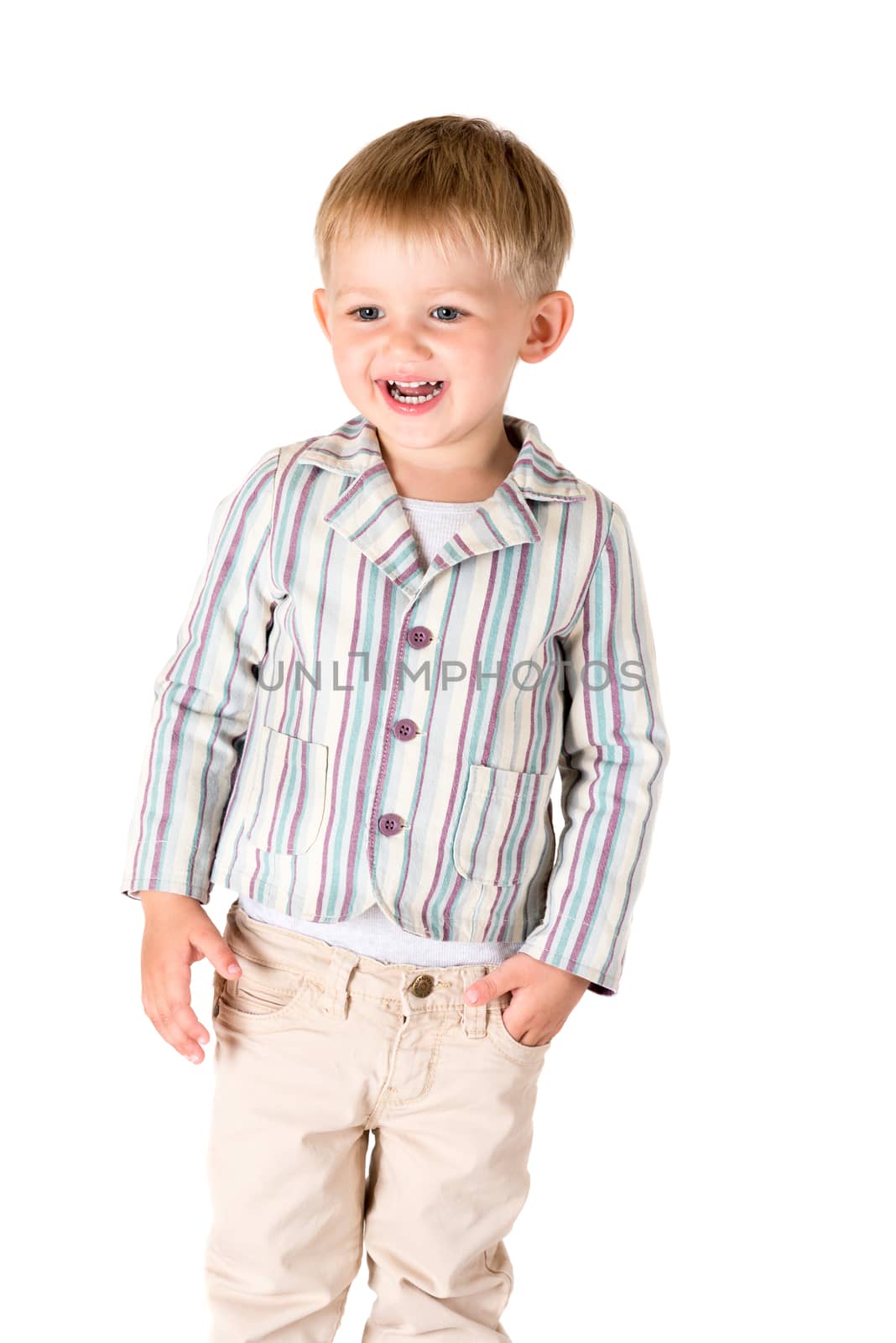 Boy shot in the studio on a white background laughing by Nanisimova