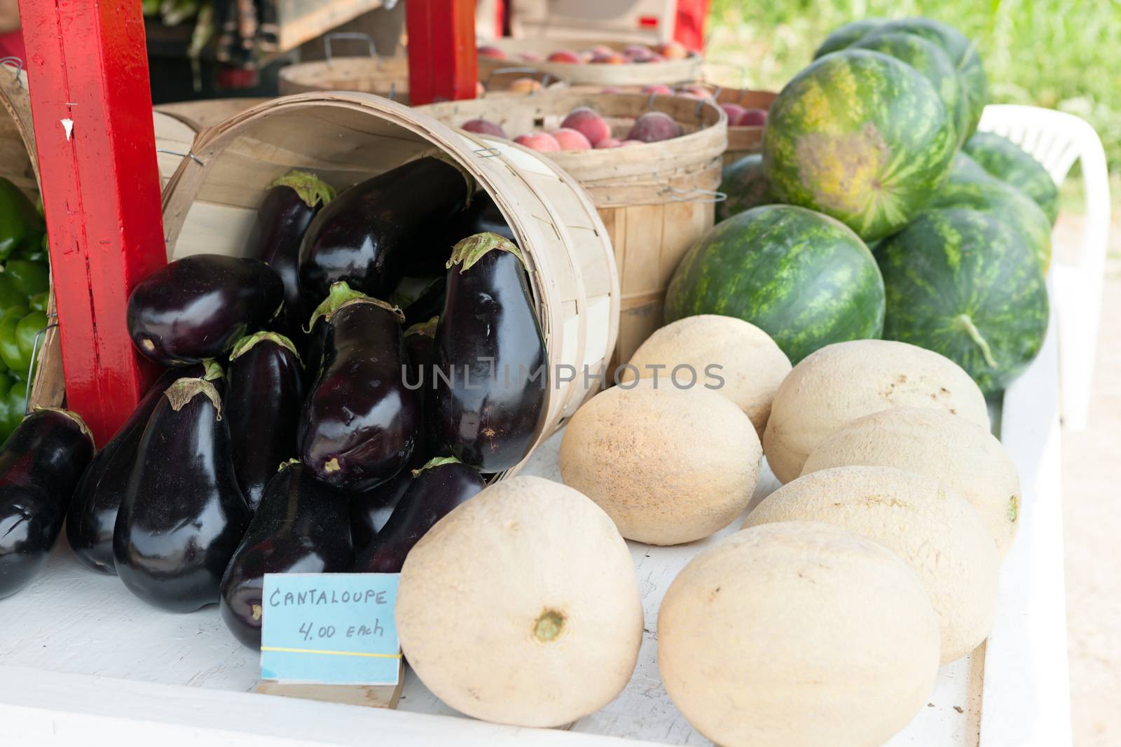 Fresh melons for sale at a farm stand along with some fresh eggplants.  Shallow depth of field.