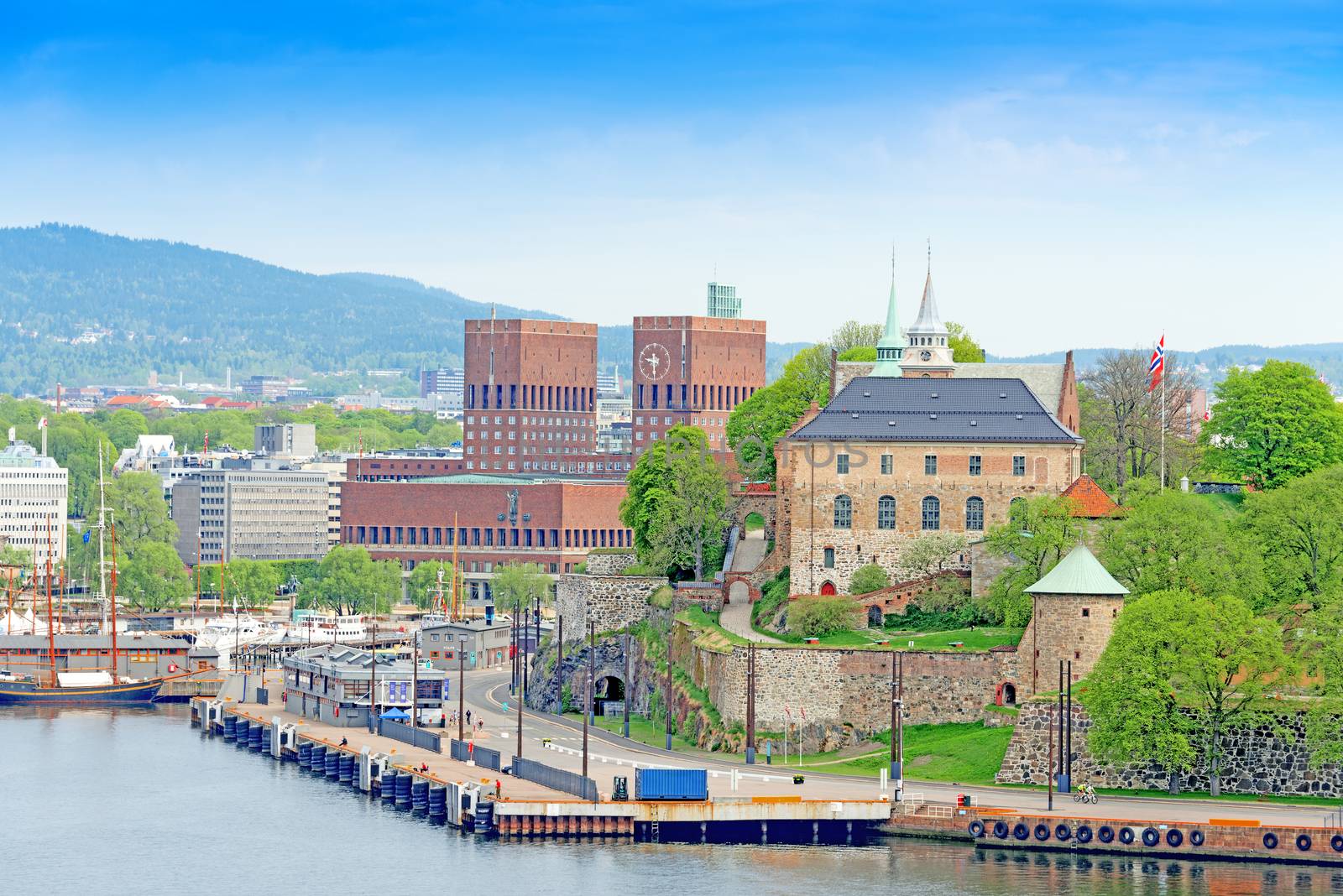 View on Oslo Radhuset (town hall) and Akershus from the sea, Oslo, Norway