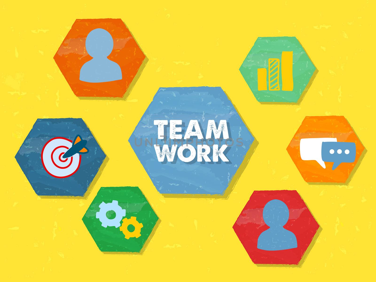 teamwork and symbols and person signs in hexagons over yellow background, grunge flat design, business team building concept