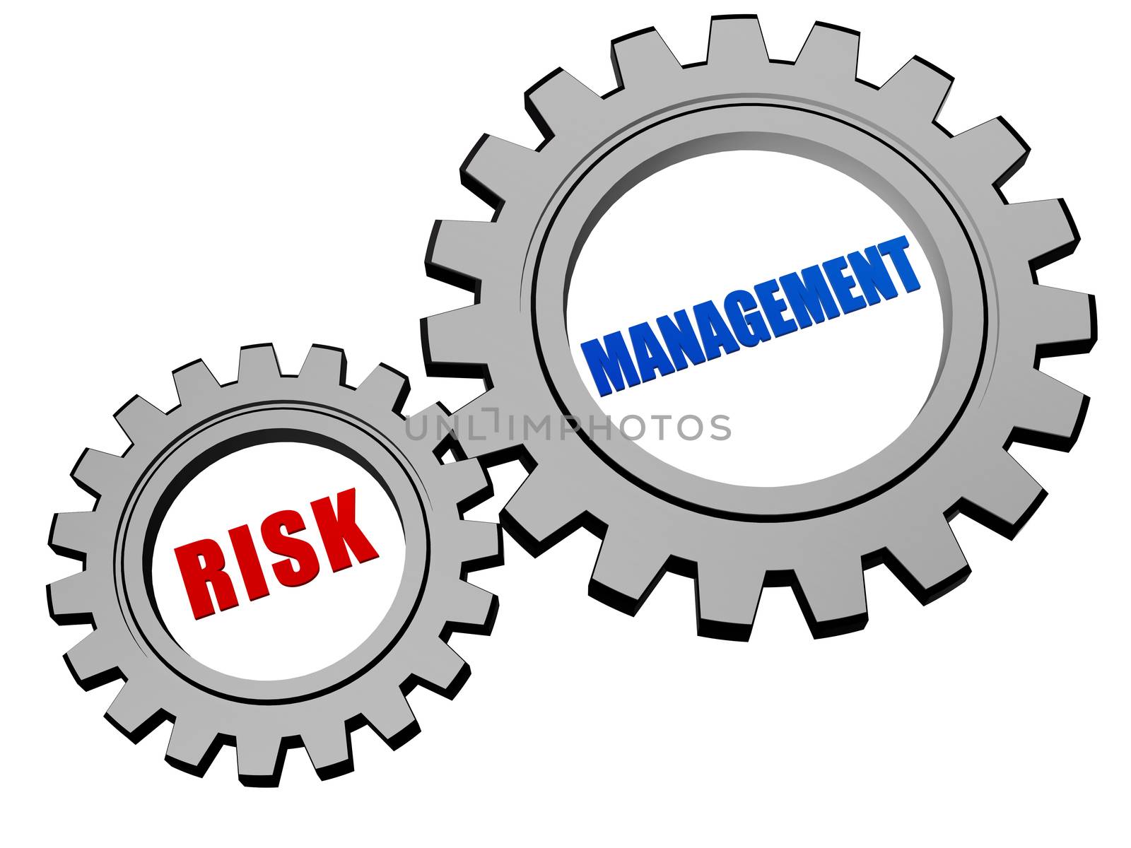 risk management - text in 3d silver grey metal gear wheels, business organization concept words