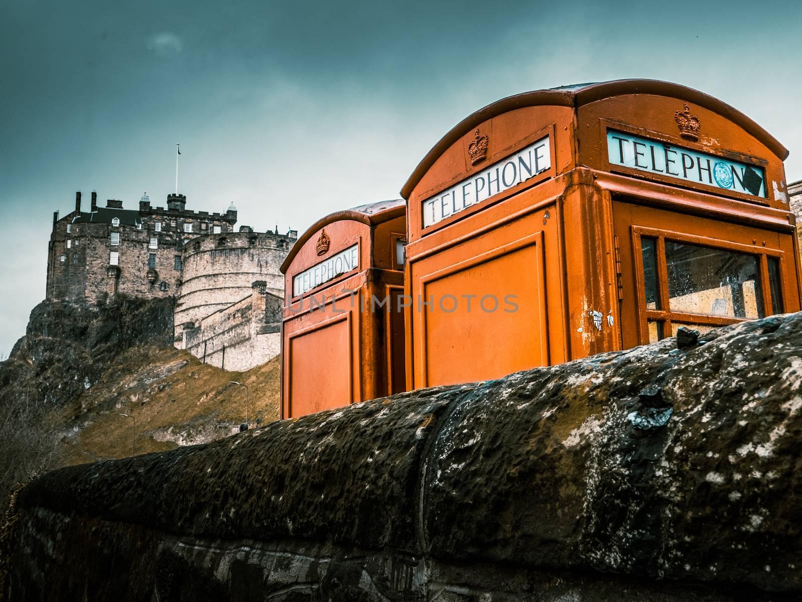Class Red British Phoneboxes In Front Of Edinburgh Castle