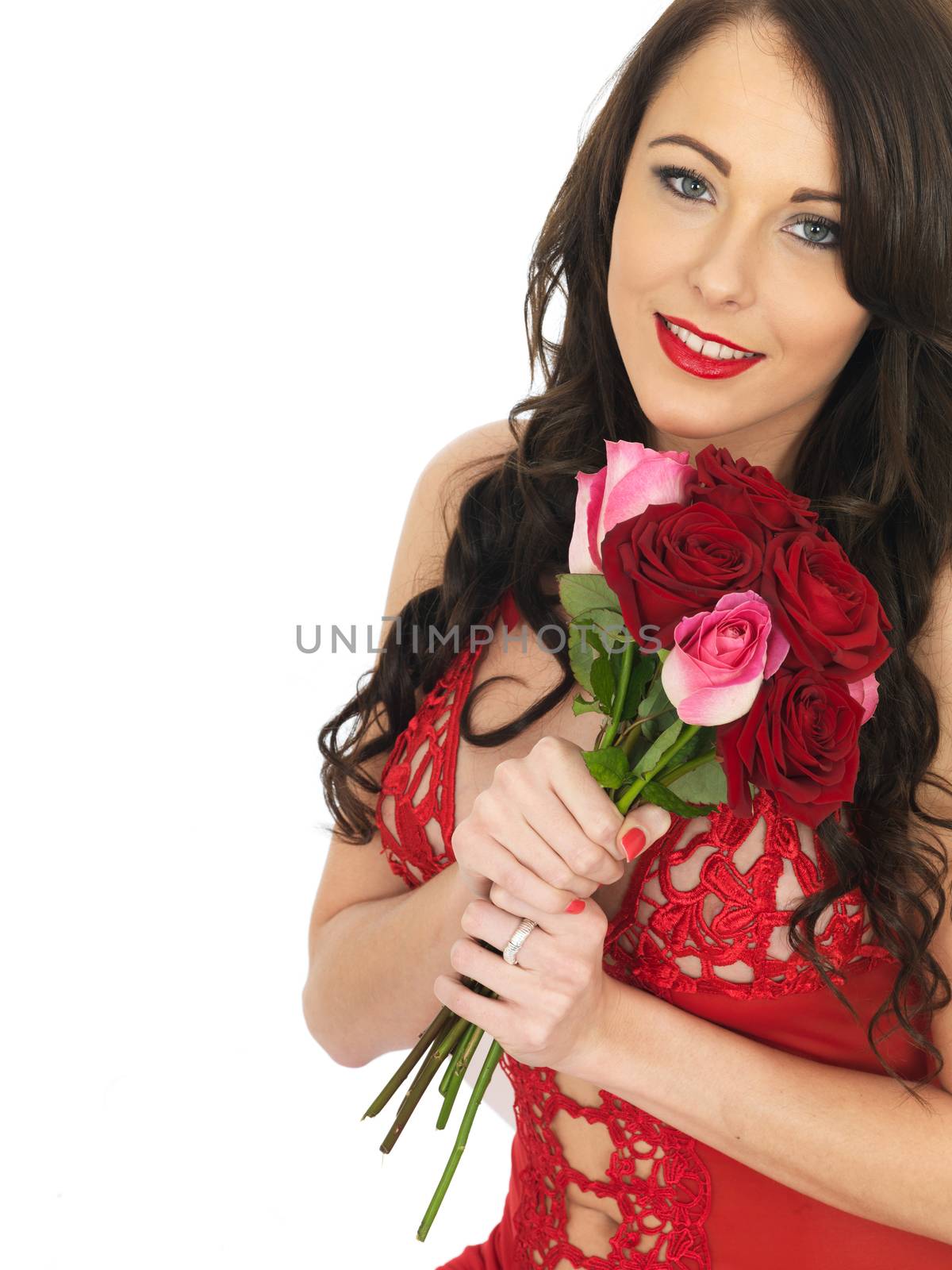 Sexy Young Woman Wearing Red Lingerie and Holding Red Valentines Roses