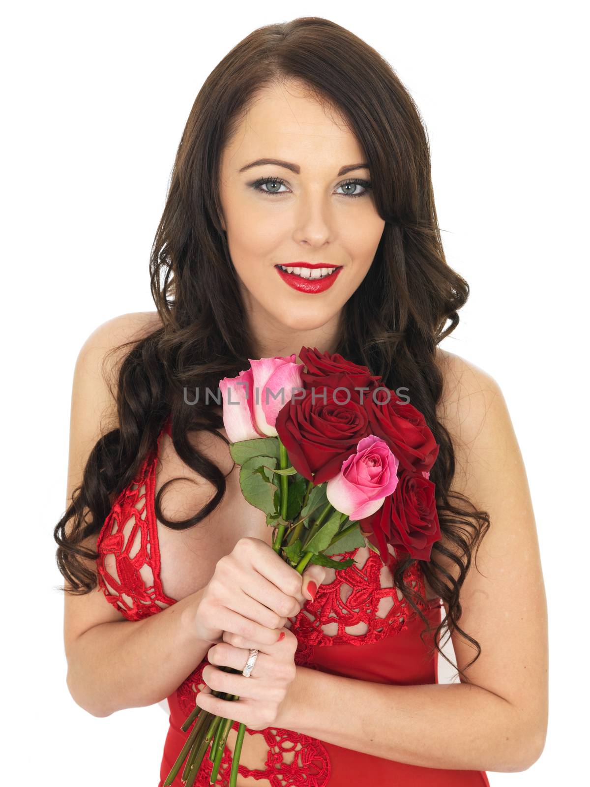 Sexy Young Woman Wearing Red Lingerie and Holding Red Valentines Roses
