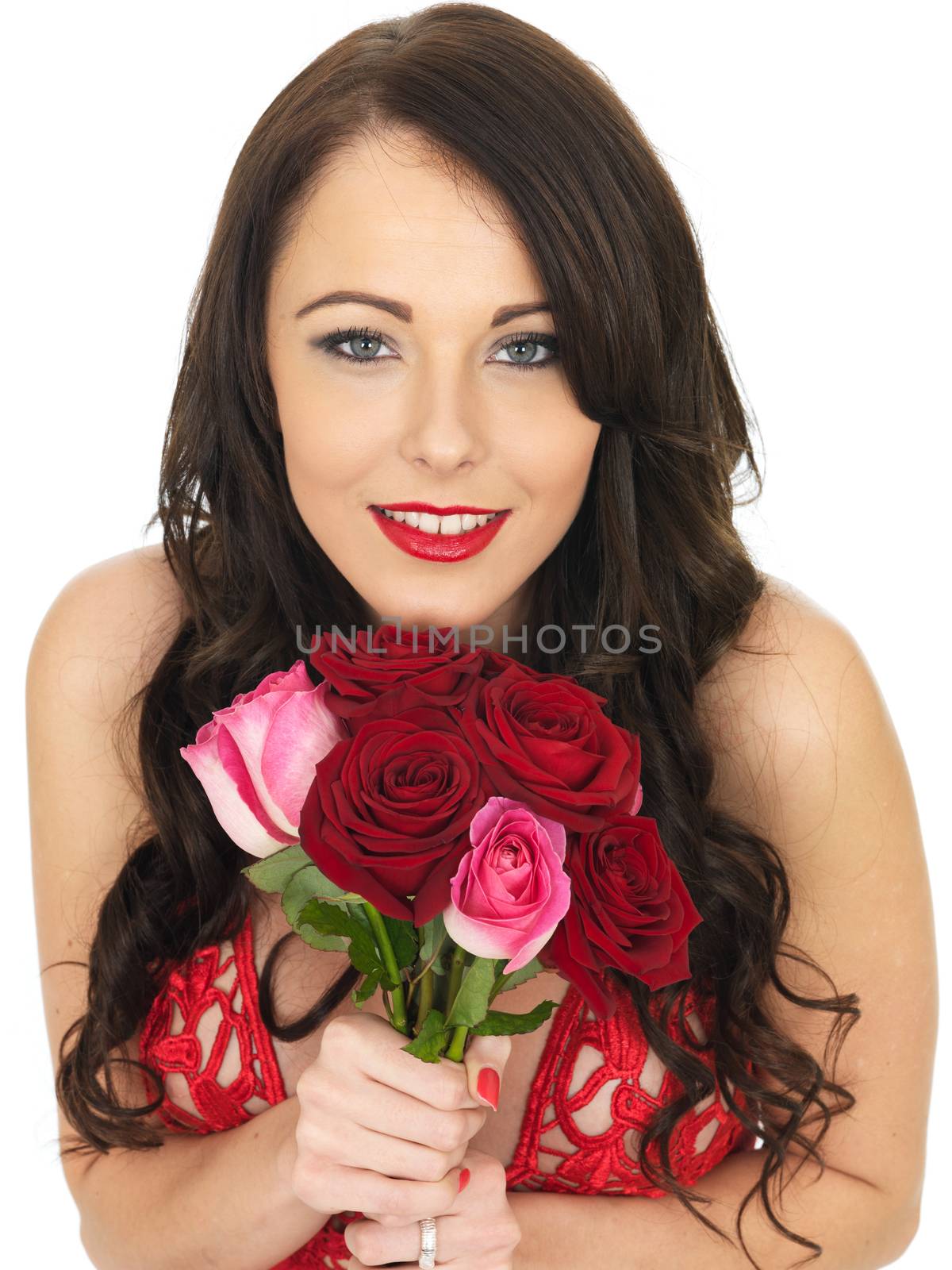 Sexy Young Woman Wearing Red Lingerie and Holding Red Valentines Roses