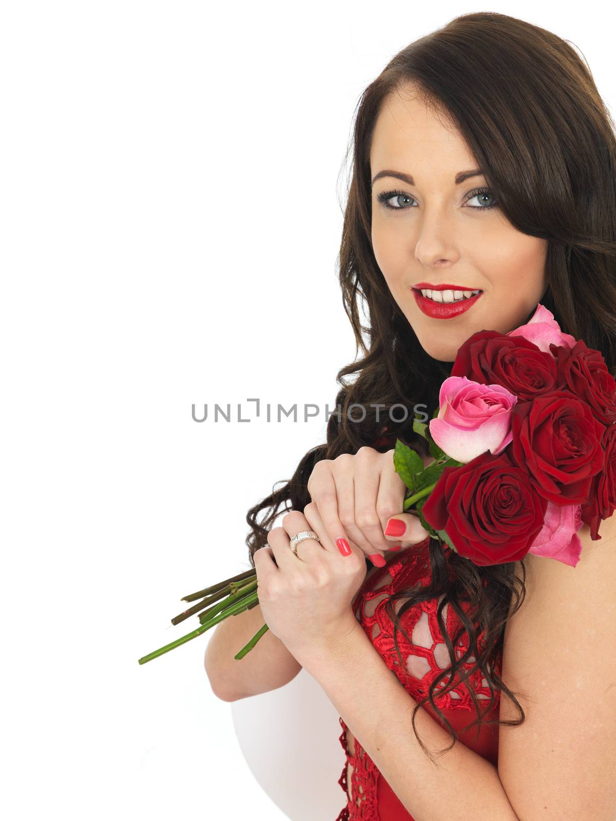 Sexy Young Woman Wearing Red Lingerie and Holding Red Valentines Roses