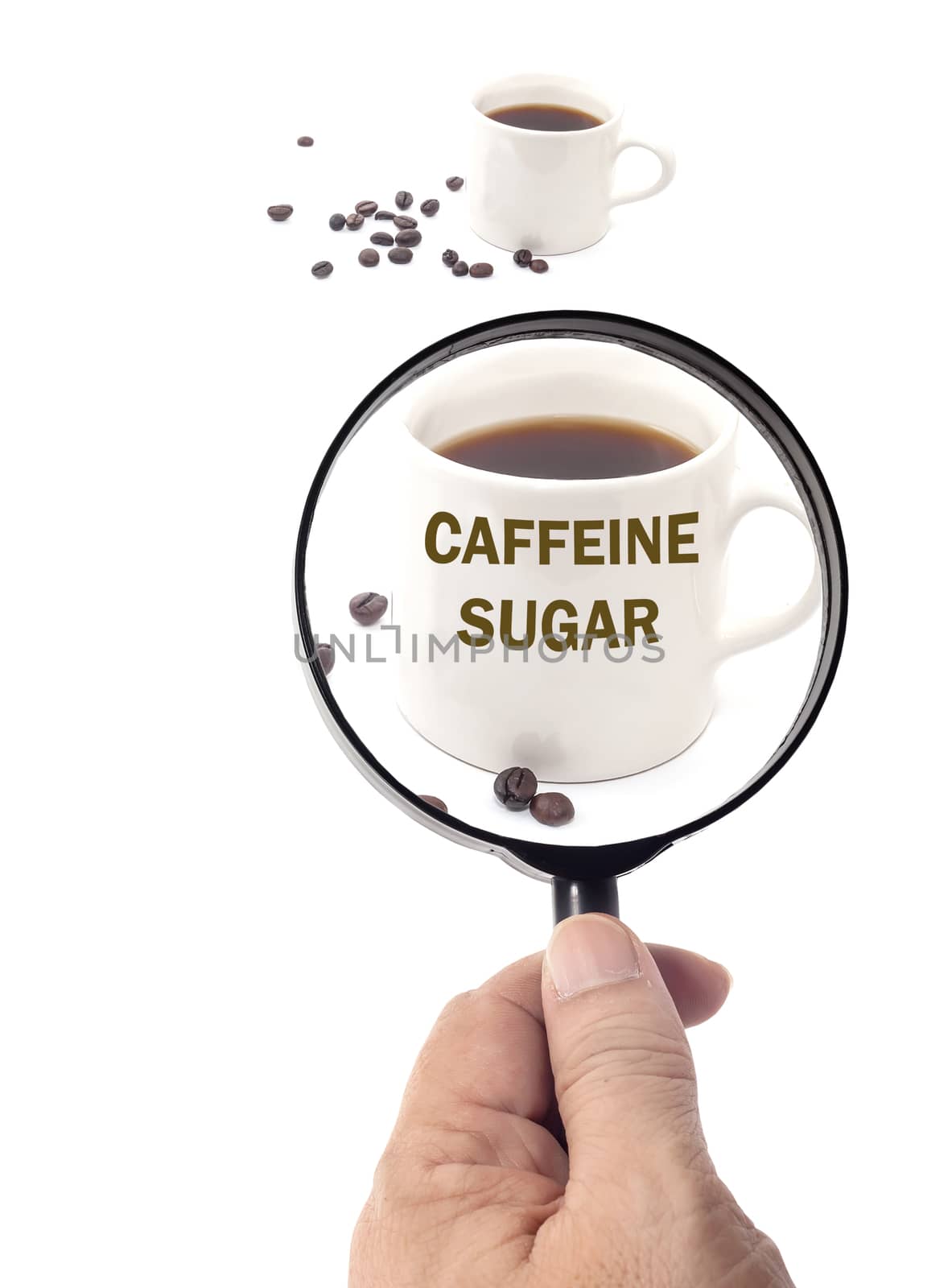 magnifying glass of roasted coffee beans and coffee cup,see a 
caffeine and sugar concept
