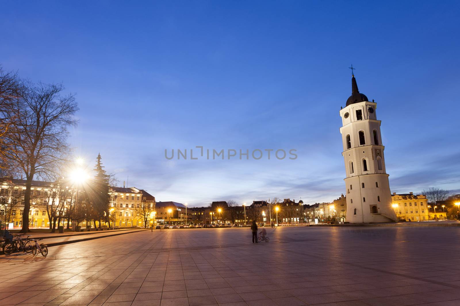 The Cathedral Square in central Vilnius during twilight time, Lithuania, Europe