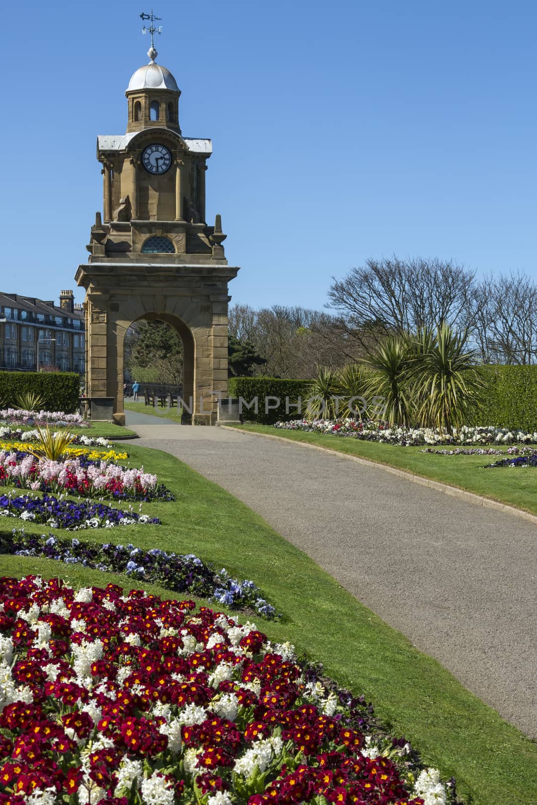 The Esplanade Clock Tower and gardens in Scarborough on the North Yorkshire coast in northeast England.