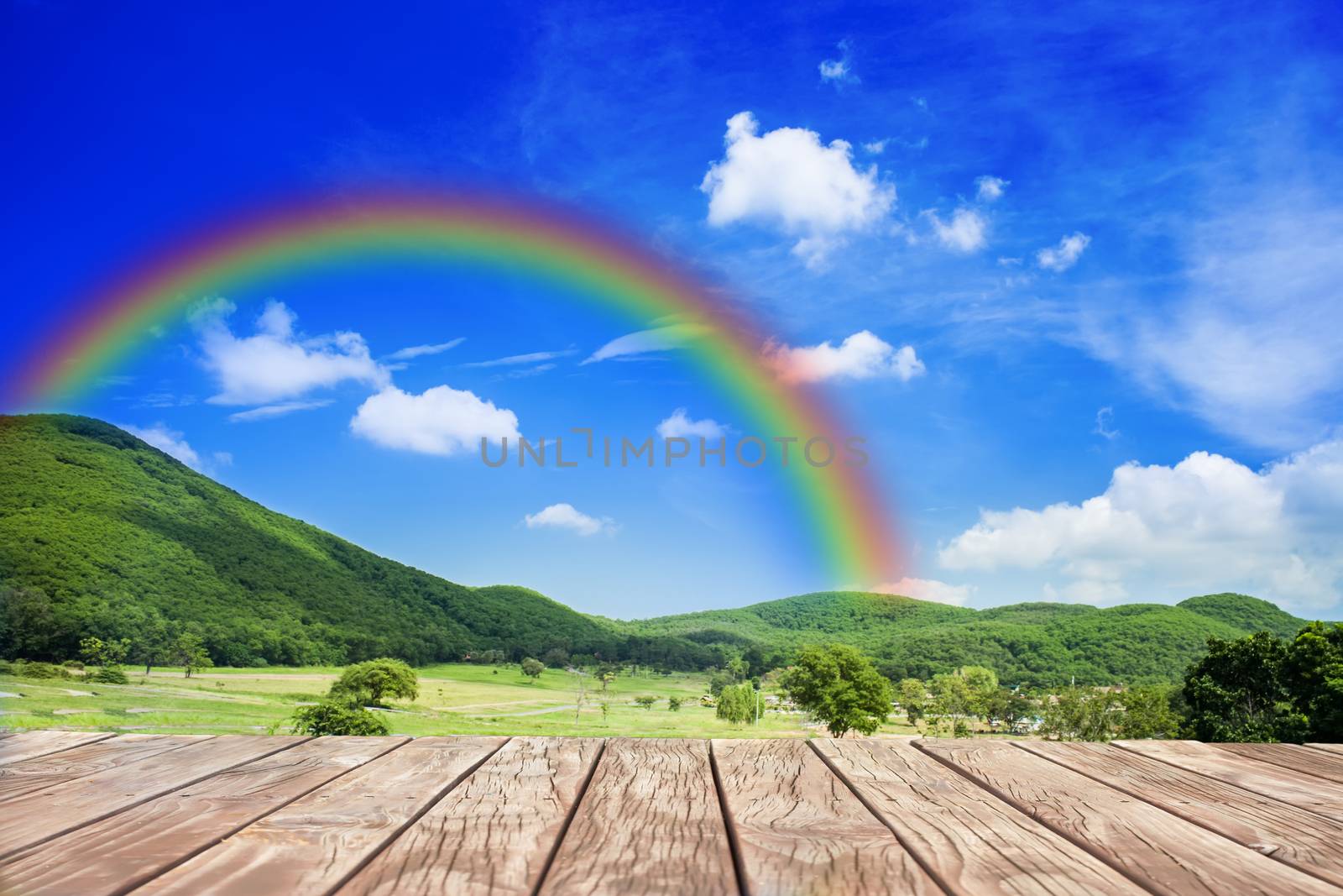 wood walk with rainbow behind hill
