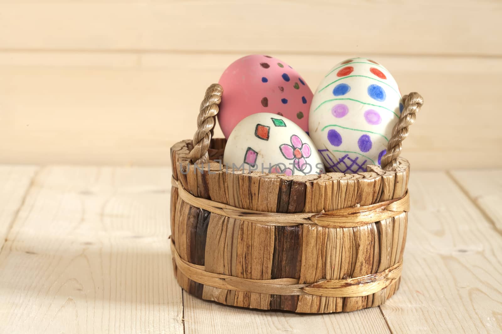 Easter eggs in the basket of wooden
