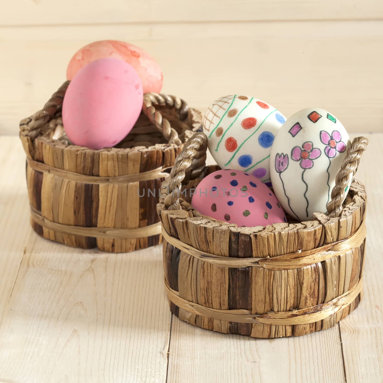 Easter eggs in the basket of wooden
