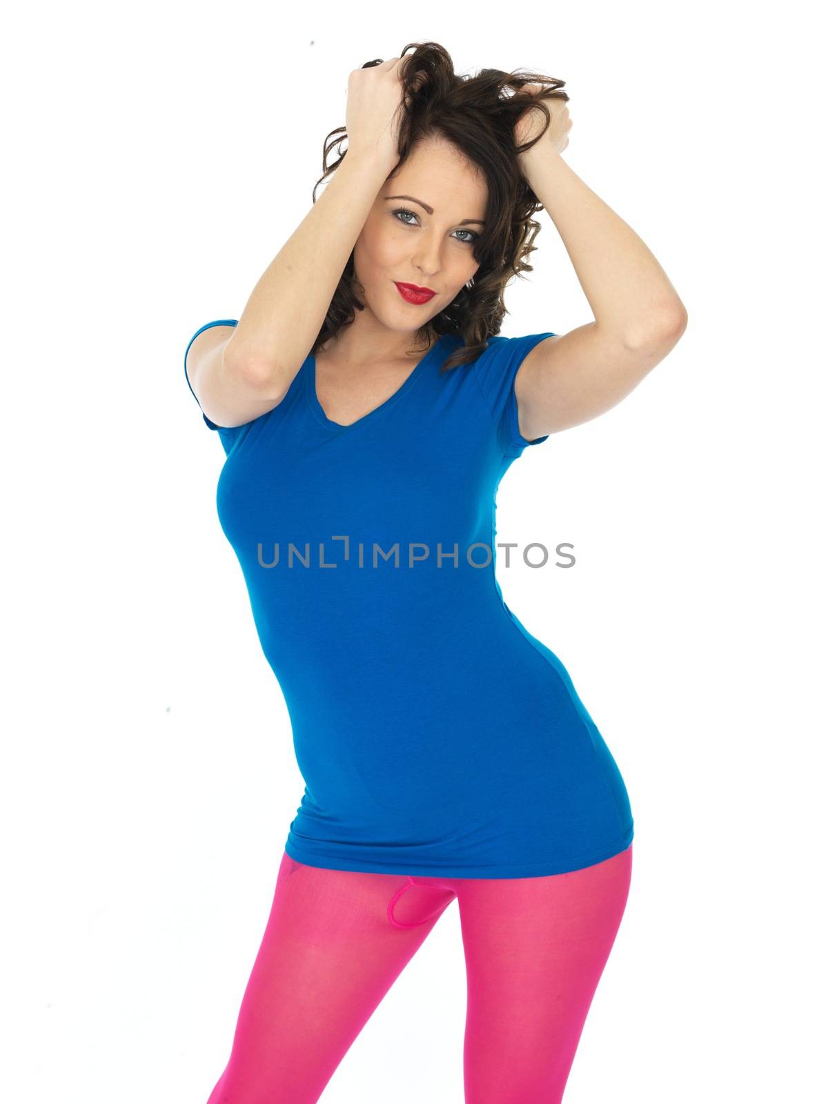 Attractive Young Woman Wearing Pink Tights and Short Blue Mini by Whiteboxmedia