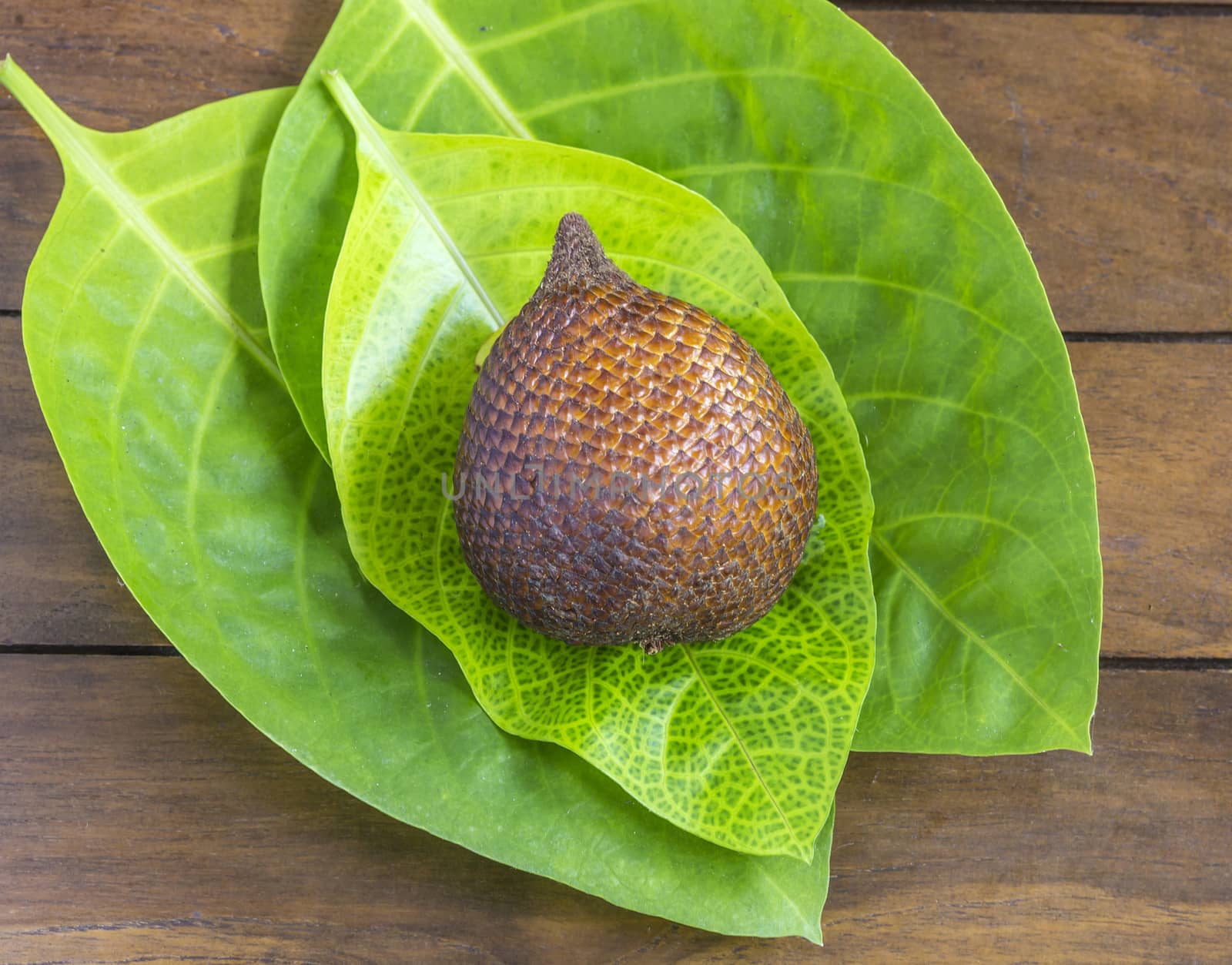 Snake Fruit and Green Leaf on the Wood Table.