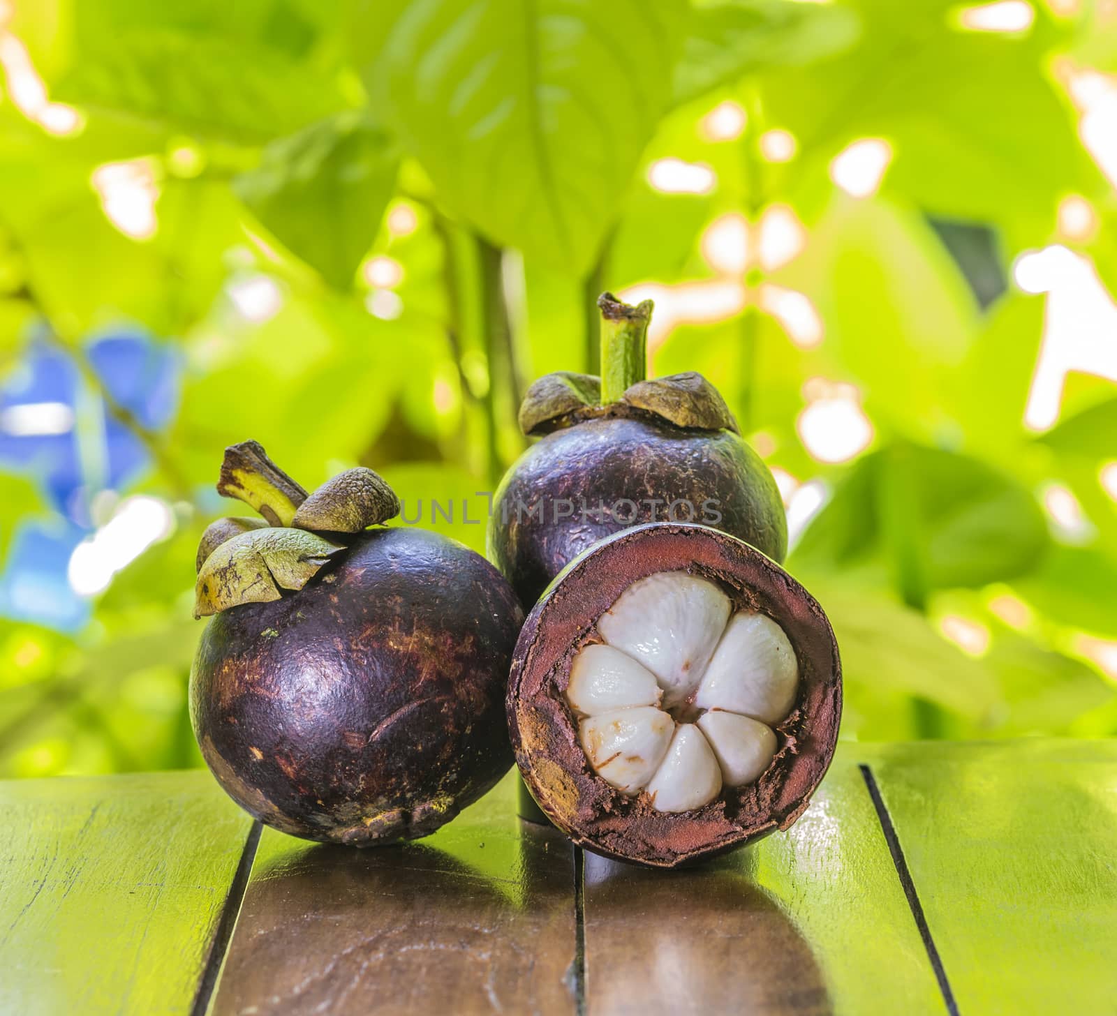 Mangostins and Fresh Green Leaf on Wooden Table