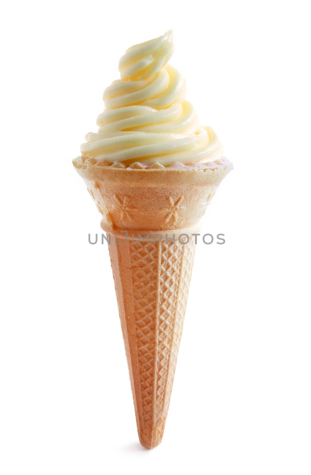 Vanilla ice cream cone over a white background