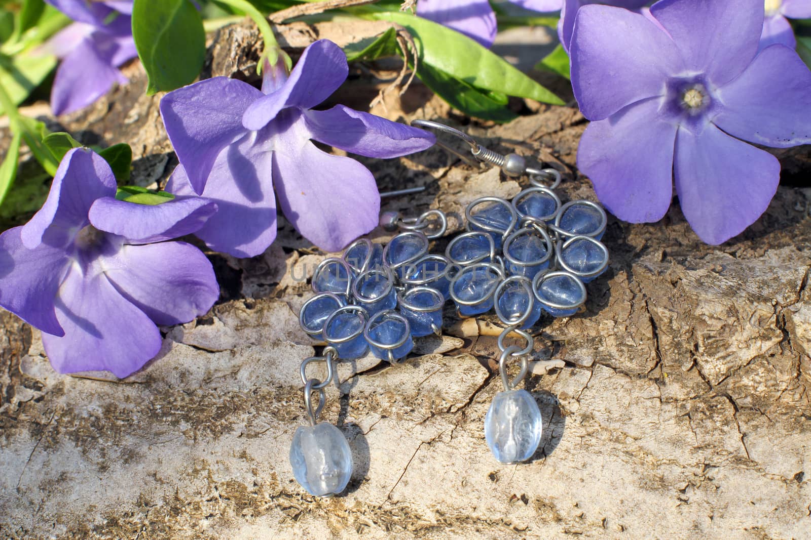 Handmade glass earrings with wood violet in spring on the nature background