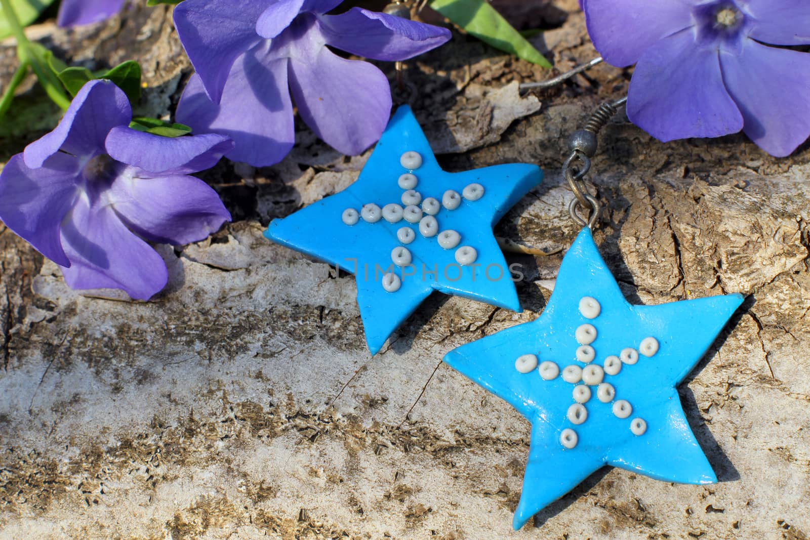 Handmade blue clay star earrings with wood violet in spring on the nature background