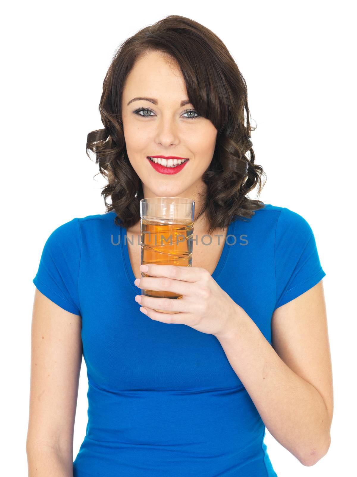 Happy Healthy Young Woman Drinking Apple Juice