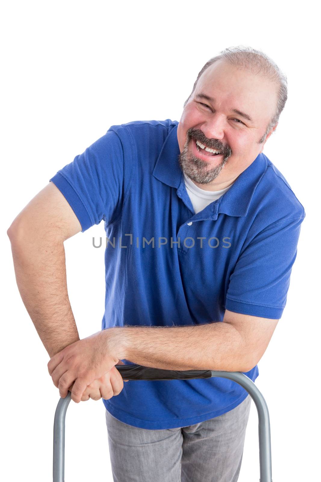 Happy Adult Male Worker Leaning Against the Chair, Showing a Genuine Toothy Smile While Looking at the Camera. Isolated on White.
