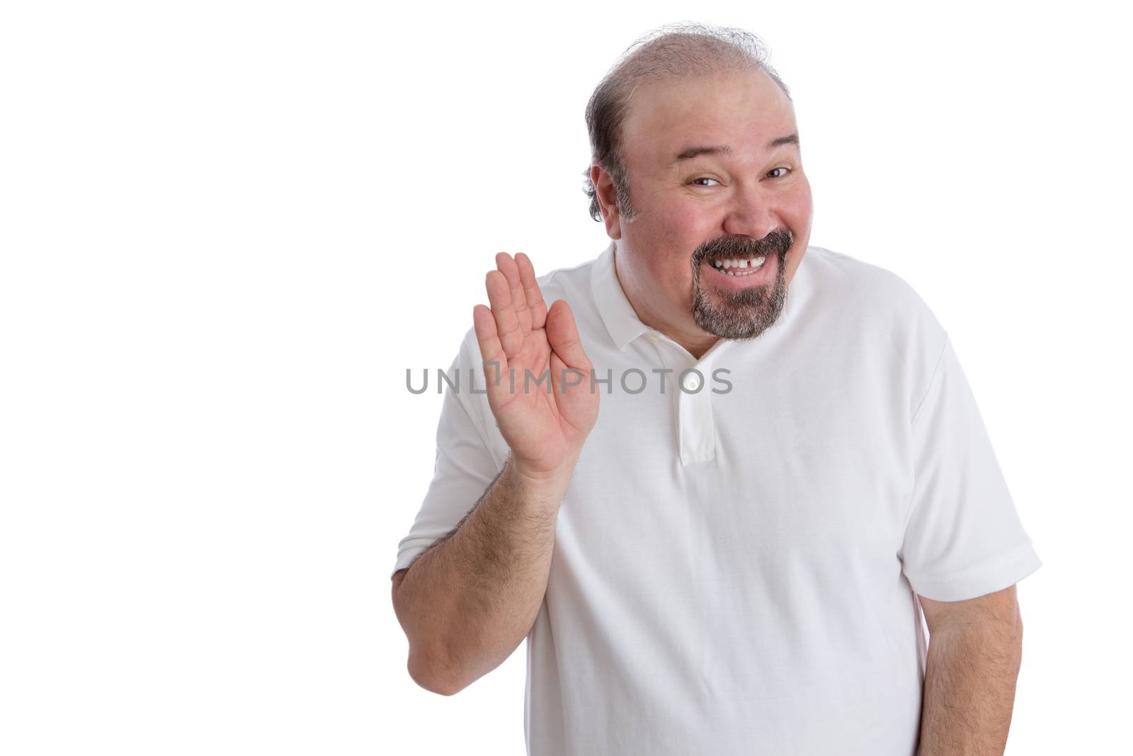 Hello there from a big guy concept with an overweight middle-aged balding man with a goatee beard leaning forwards with a cheerful smile waving his hand in greeting, isolated on white