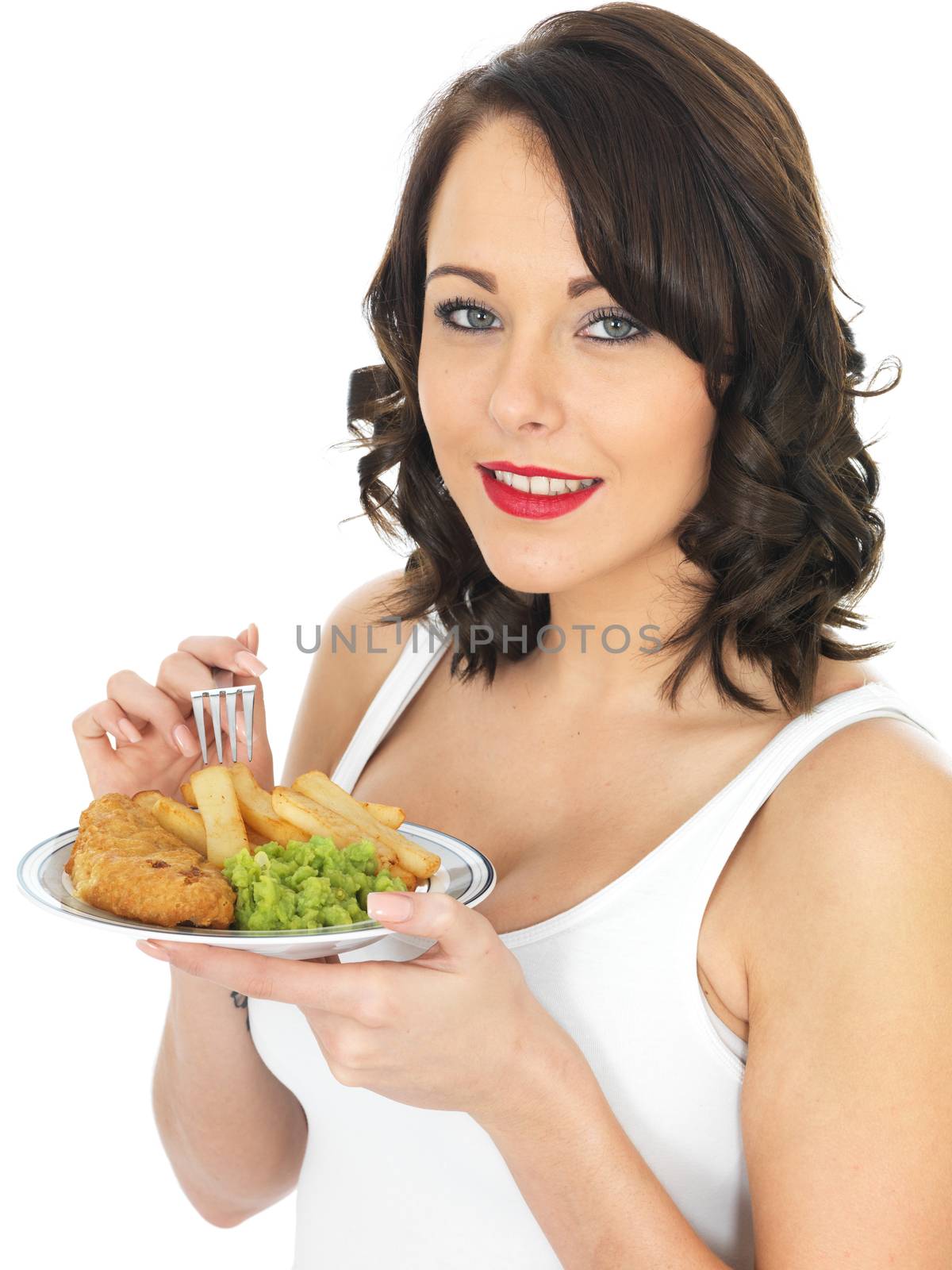 Young Woman Eating Fish and Chips with Mushy Peas