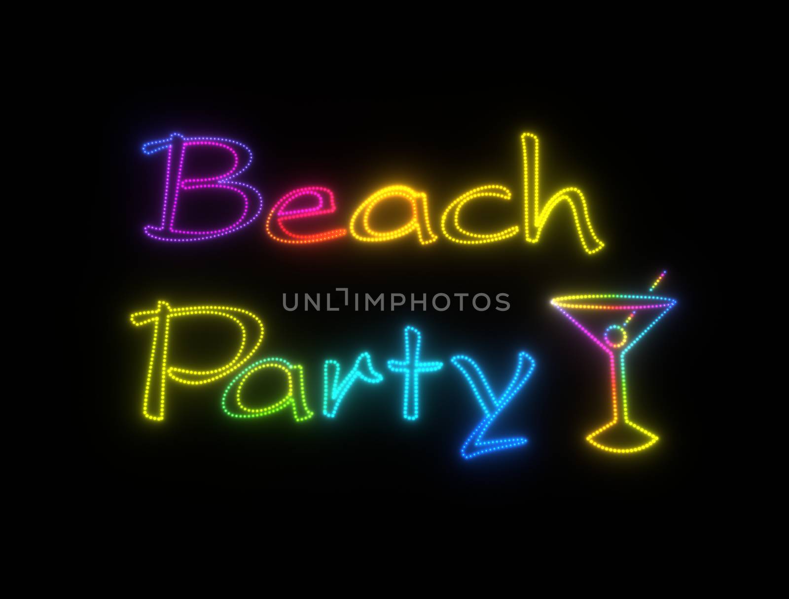 neon shining signboard with words beach party and cocktail with olive