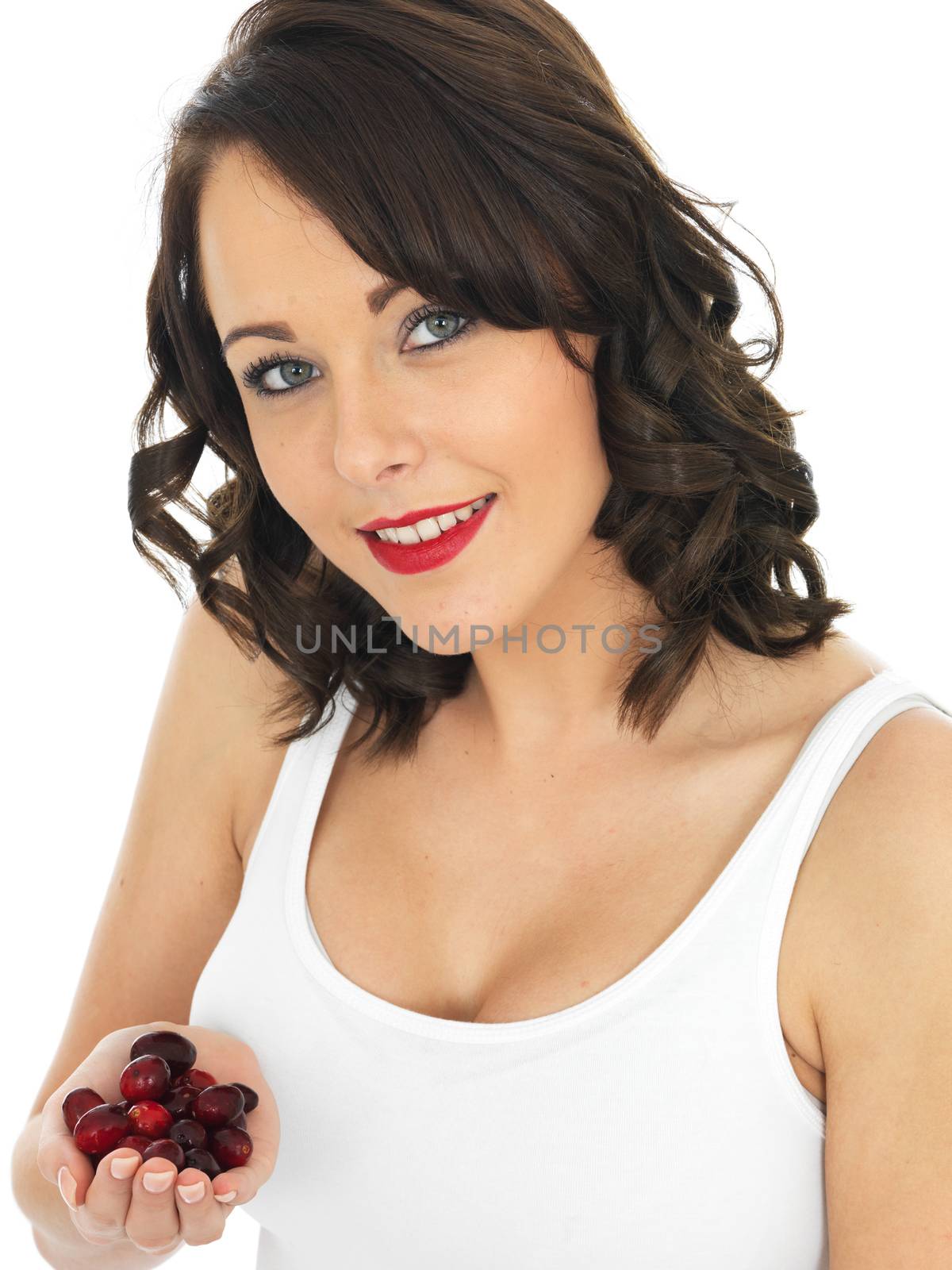 Healthy Young Woman Holding Handful of Fresh Cranberries