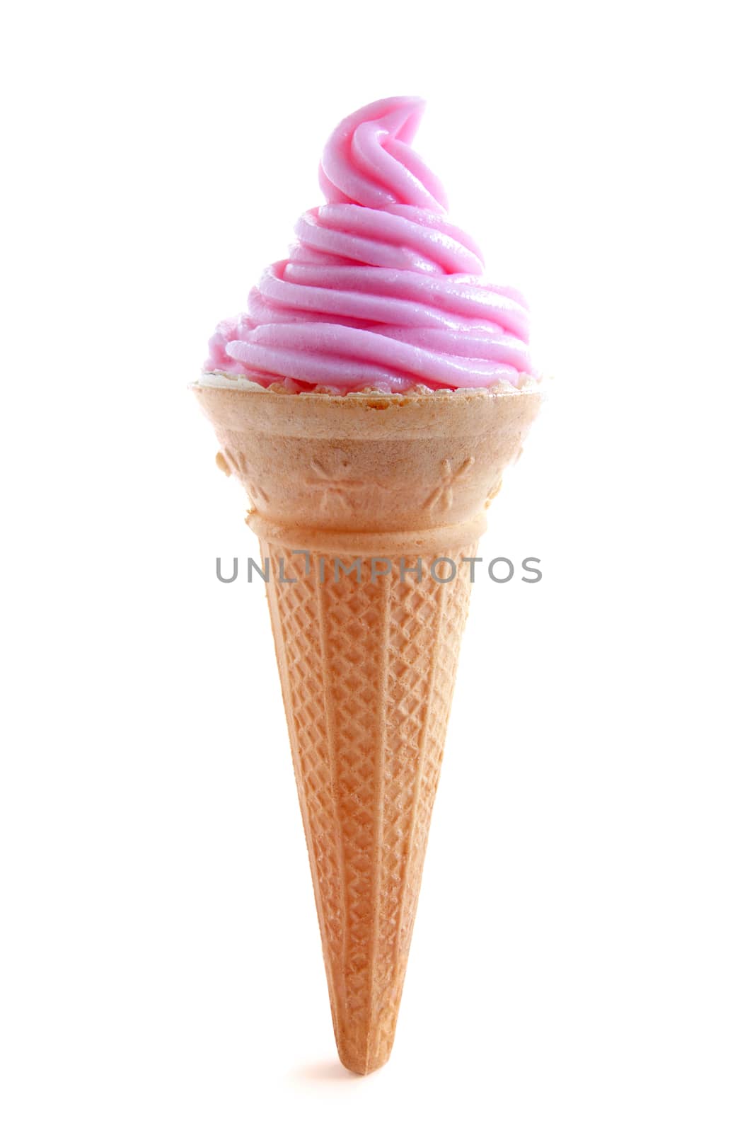 Strawberry ice cream cone over a white background