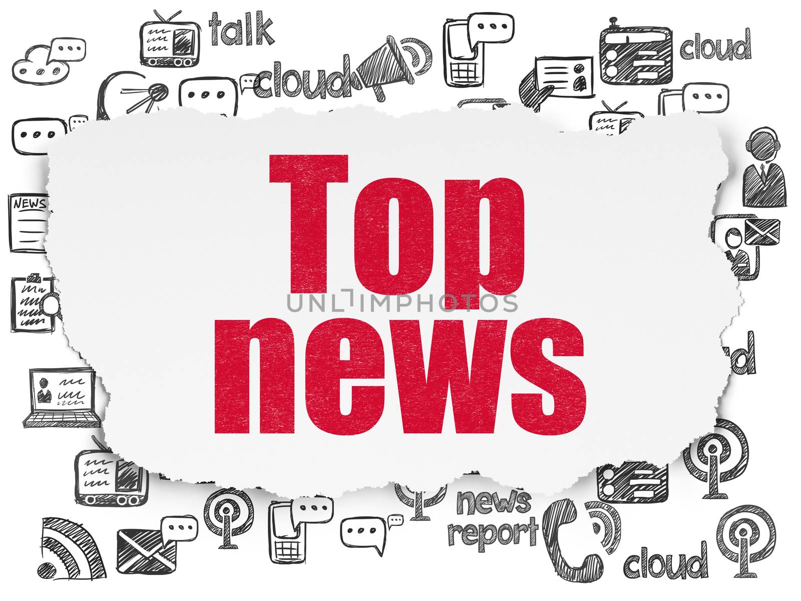 News concept: Painted red text Top News on Torn Paper background with  Hand Drawn News Icons, 3d render