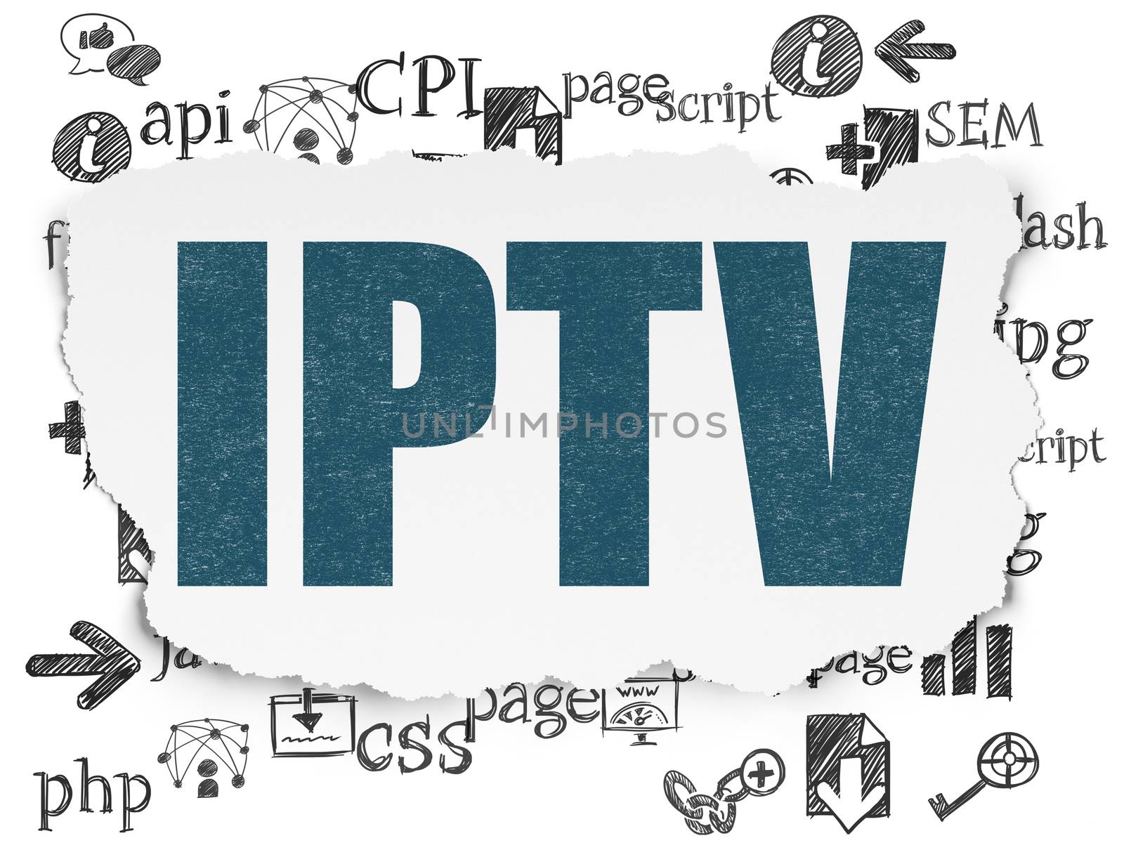 Web design concept: Painted blue text IPTV on Torn Paper background with  Hand Drawn Site Development Icons, 3d render