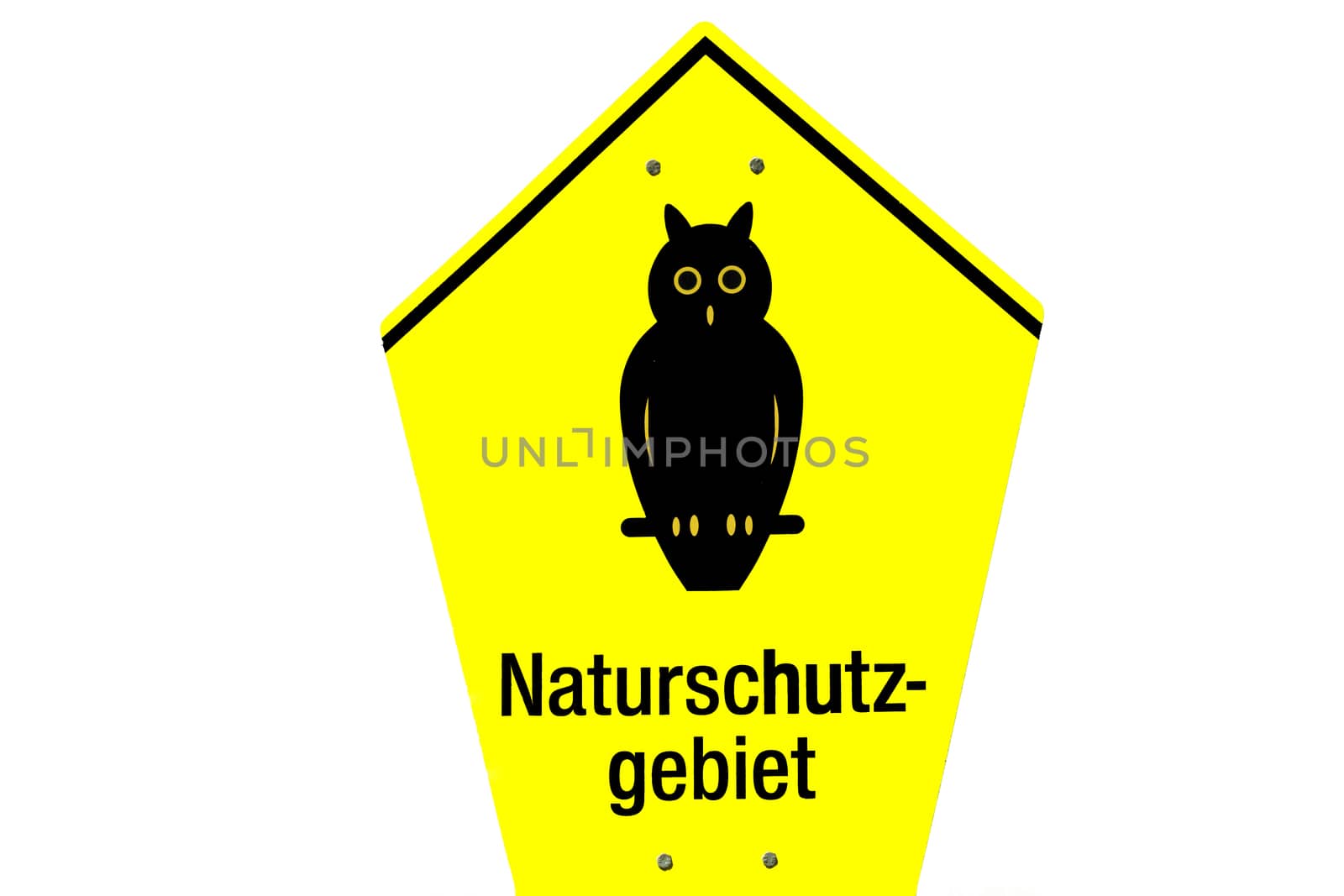 Black owl and text naturschutz gebiet on yellow birdhouse shape