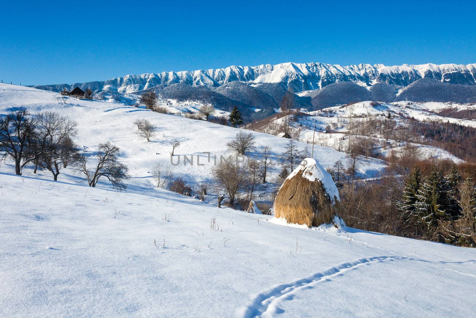 Typical winter scenic view hayracks from Bran Castle surroundings