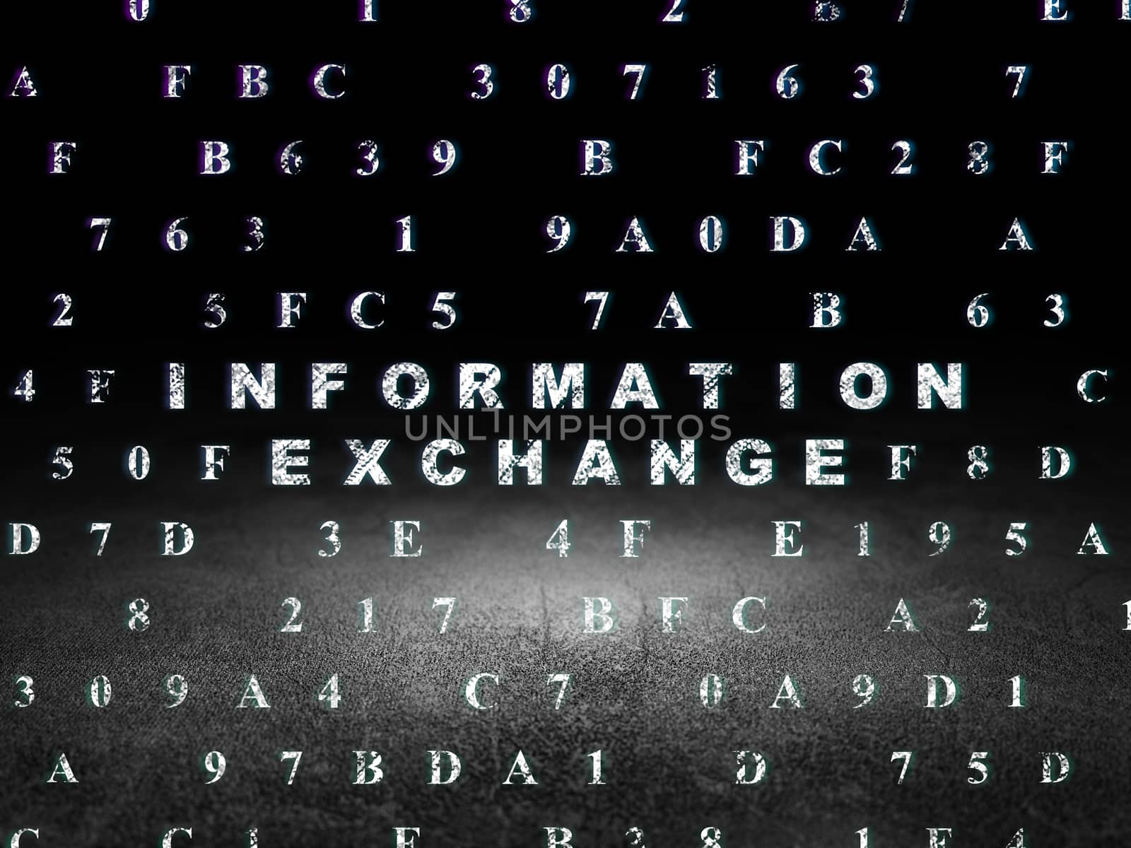 Data concept: Glowing text Information Exchange in grunge dark room with Dirty Floor, black background with Hexadecimal Code, 3d render