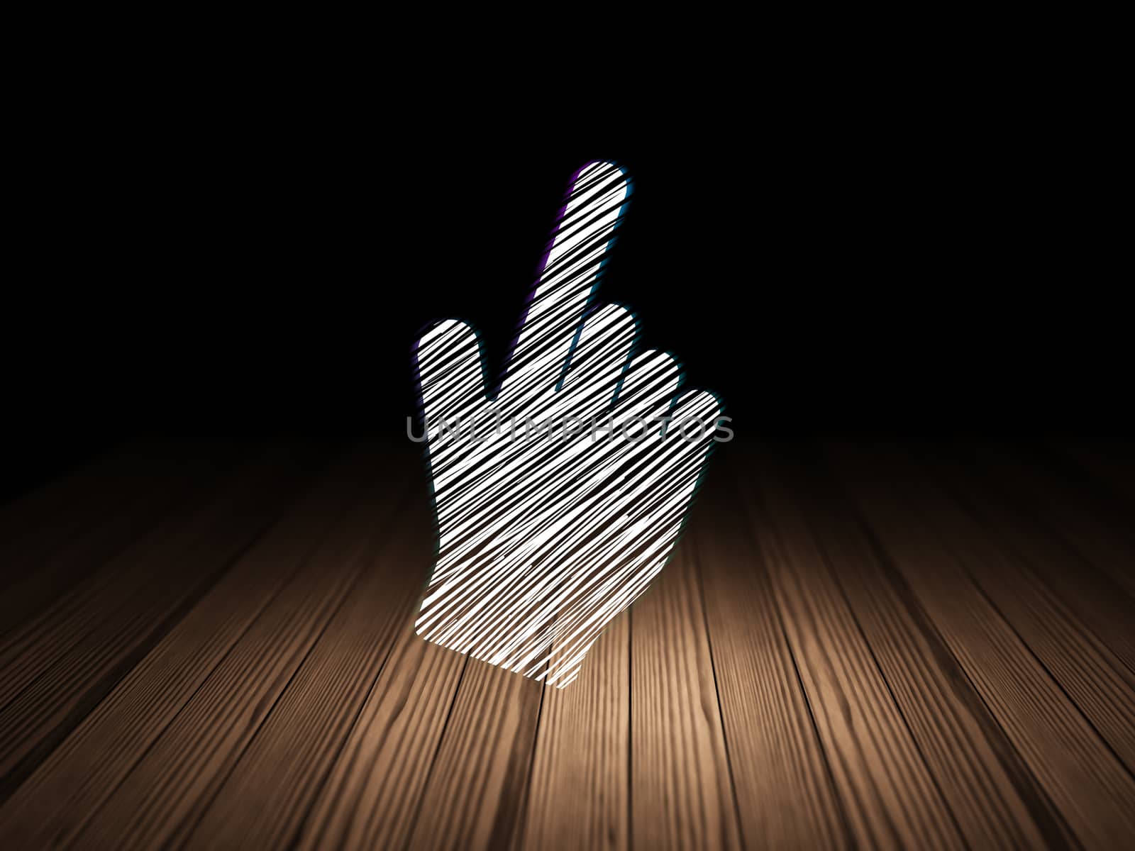 Web design concept: Glowing Mouse Cursor icon in grunge dark room with Wooden Floor, black background, 3d render