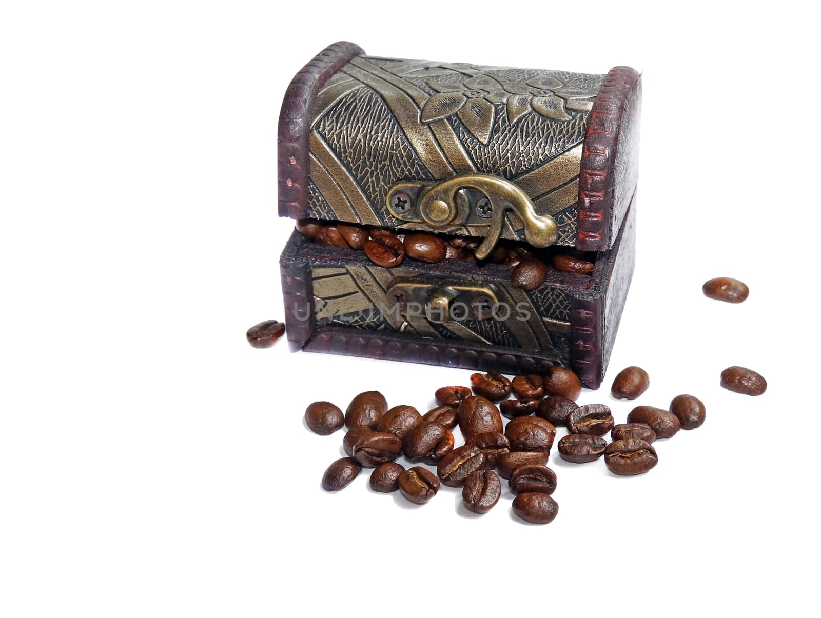 Vintage wooden box with coffee beans isolated                               