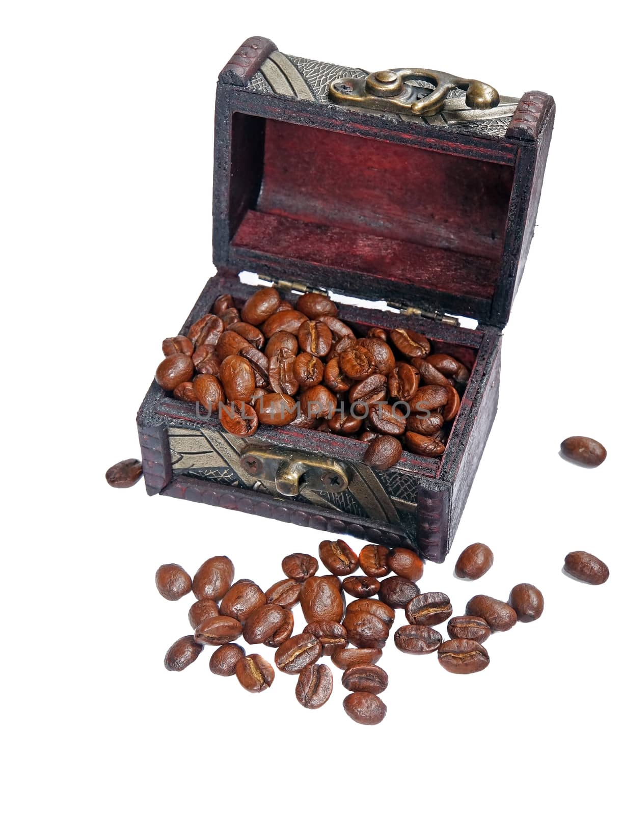 Vintage wooden box with coffee beans isolated by Chiffanna