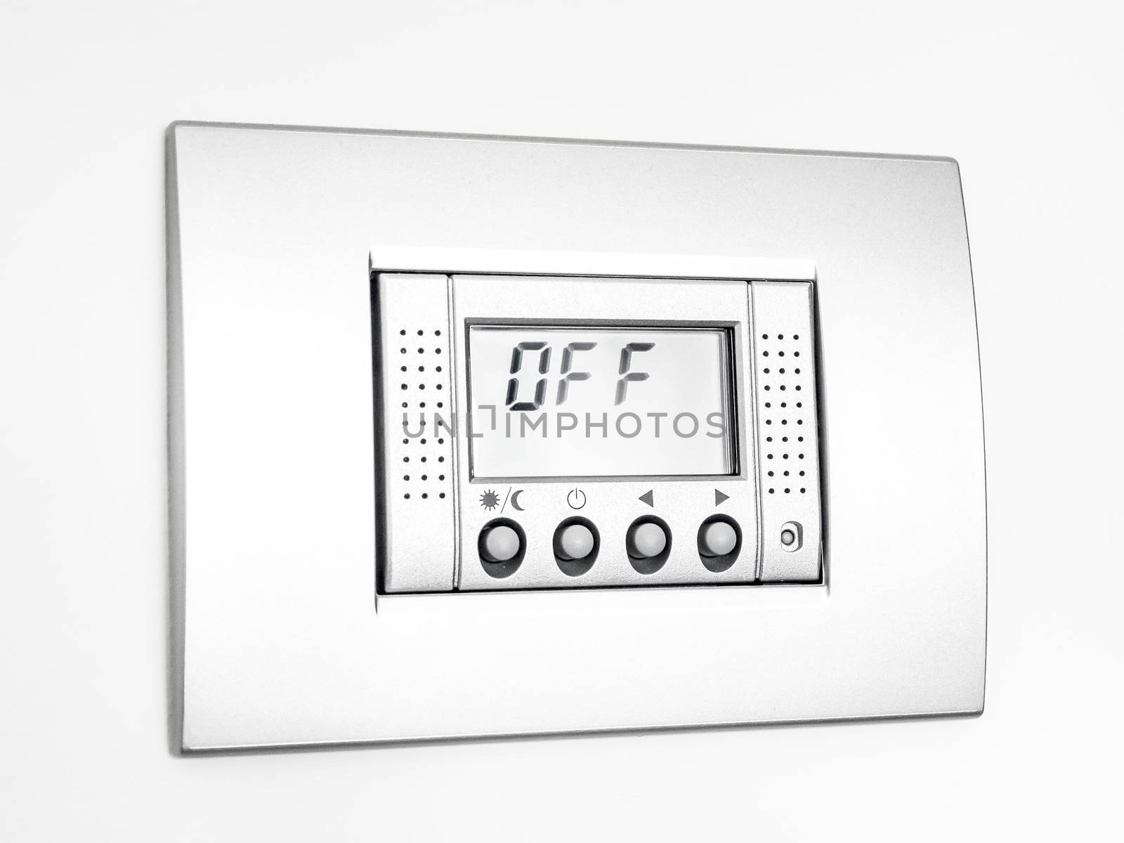 Digital thermostat isolated on white background, display Off message