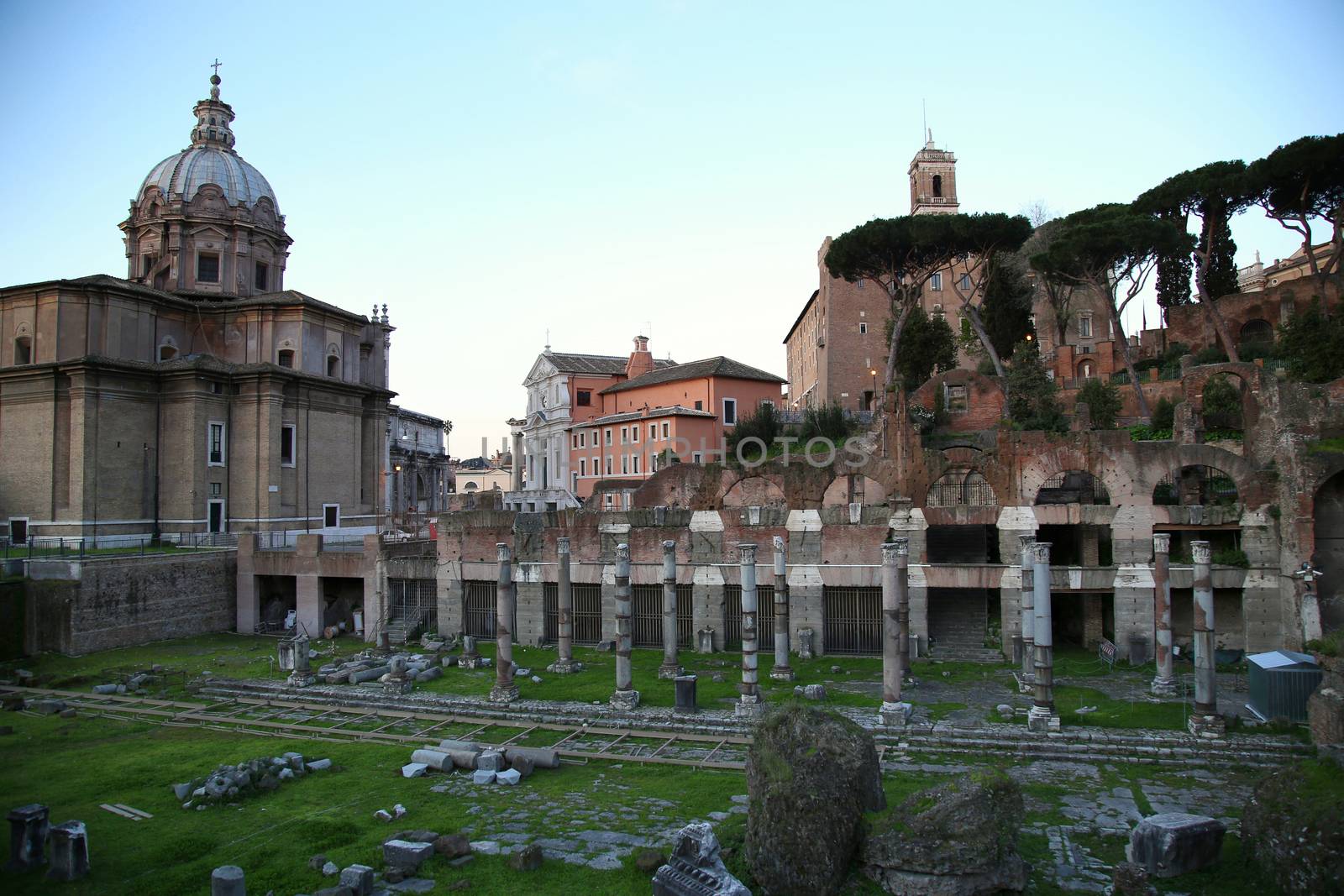 view of Senate House of Julius and  ancient Mamertine Prison in Rome, Italy 
