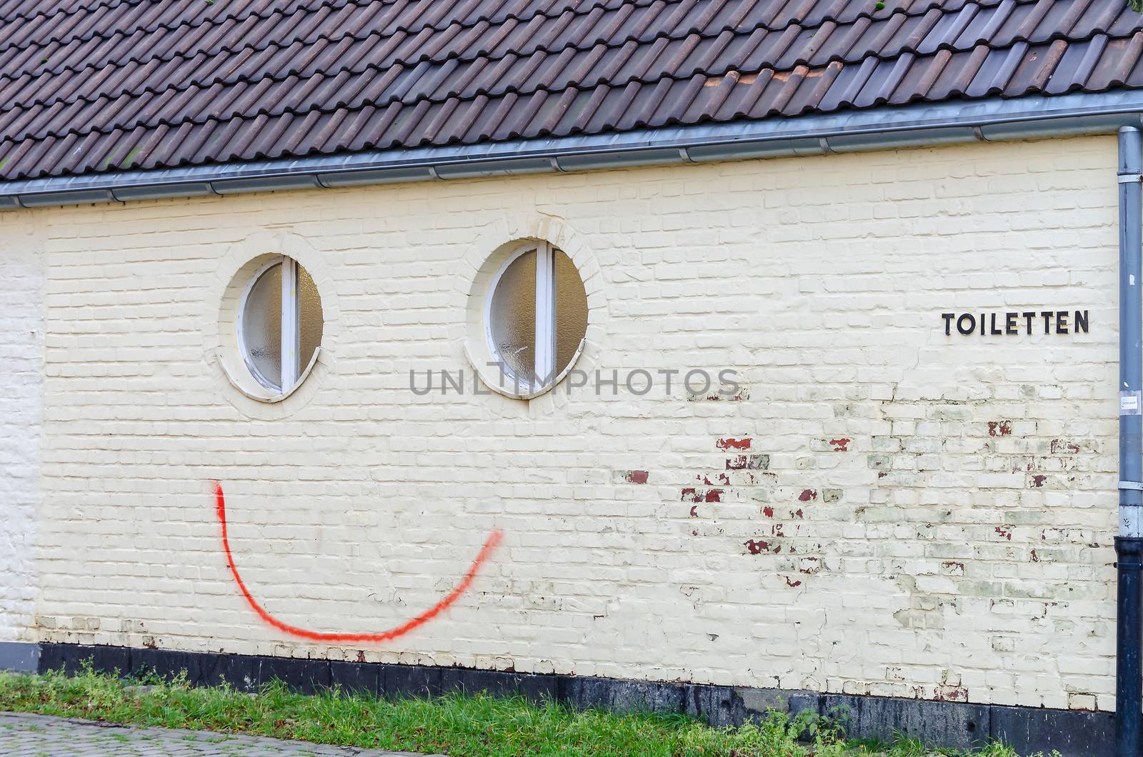 Funny Graffiti on a wall with two round windows.