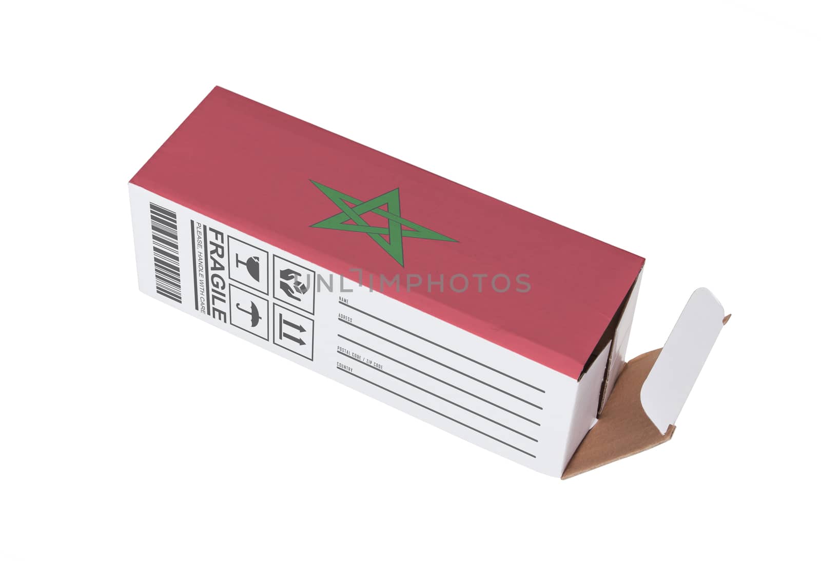 Concept of export, opened paper box - Product of Morocco