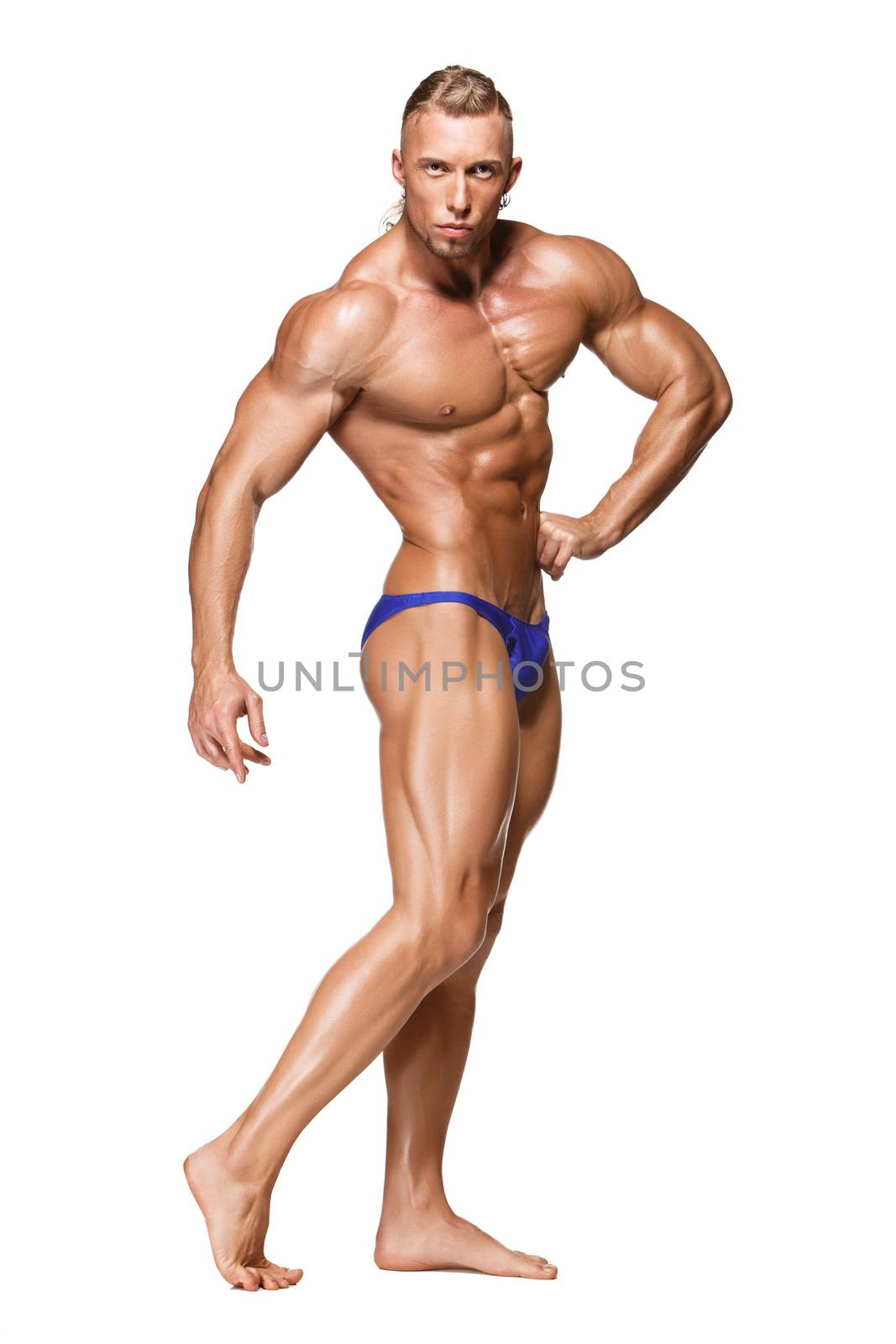 Attractive male body builder, isolated on white background. Portrait in full growth