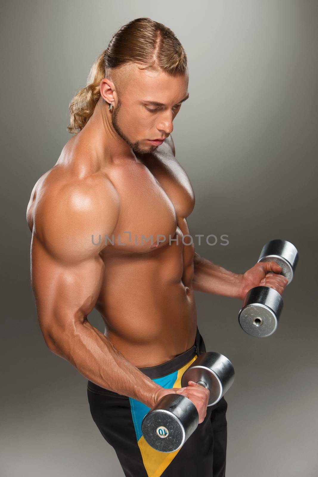 Attractive male body builder with dumbbells on gray background.